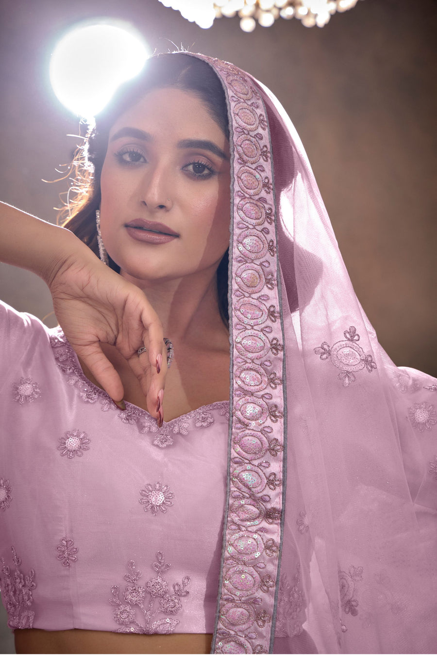 Light Purple Net Lehenga Choli For Indian Festival & Weddings - Thread Embroidery Work, Sequence Embroidery Work