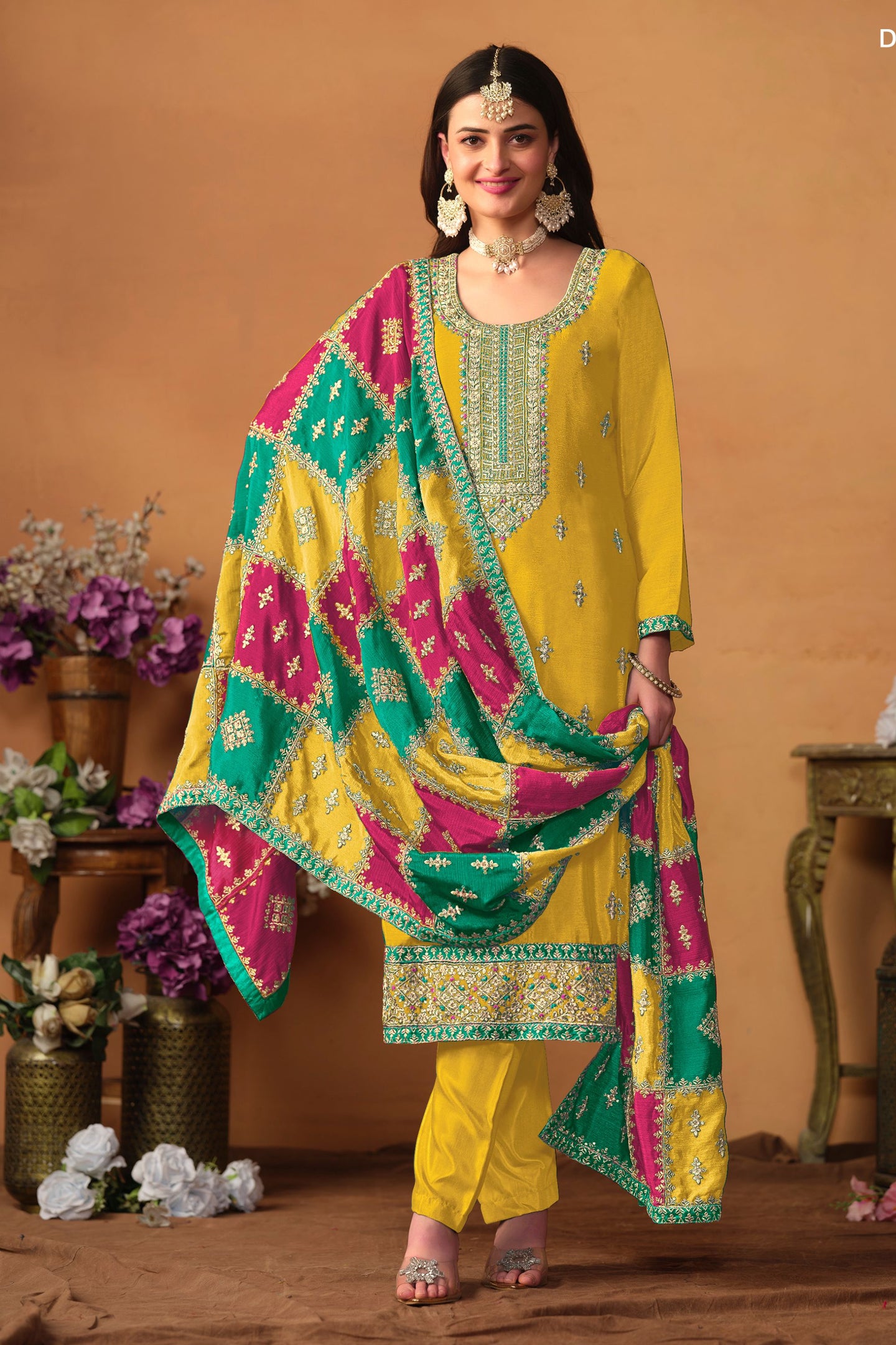 Yellow Chinon Silk Plus Size Upto 5XL Size Kameez Pant Suit For Indian Festivals & Weddings - Thread Embroidery Work, Sequence Embroidery Work