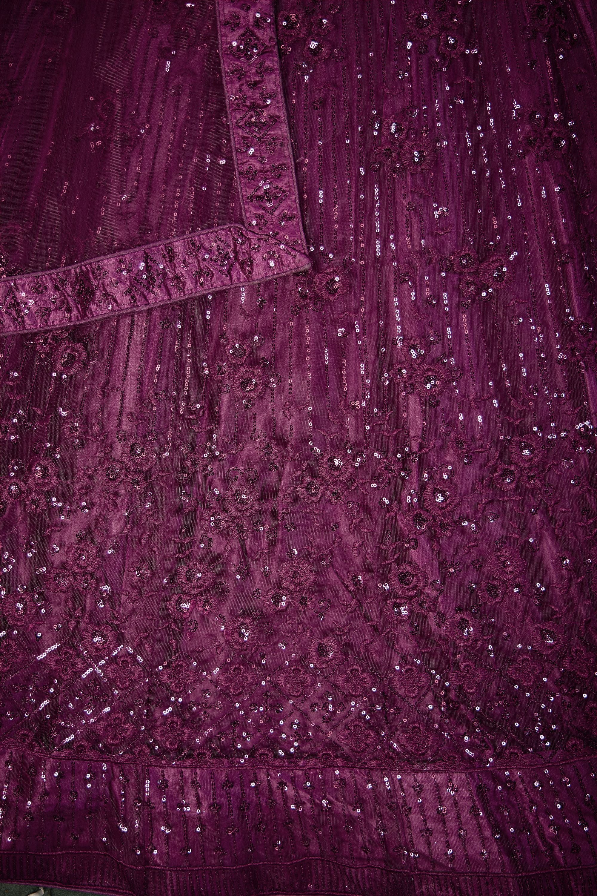 Dark Purple Net Lehenga Choli For Indian Festivals & Pakistani Weddings Dress - Thread Embroidery Work, Sequence Embroidery Work