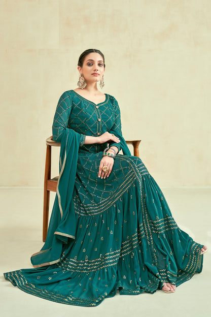 Teal Georgette Full Floor Length Anarkali Gown For Indian Festivals & Weddings - Sequence Embroidery Work