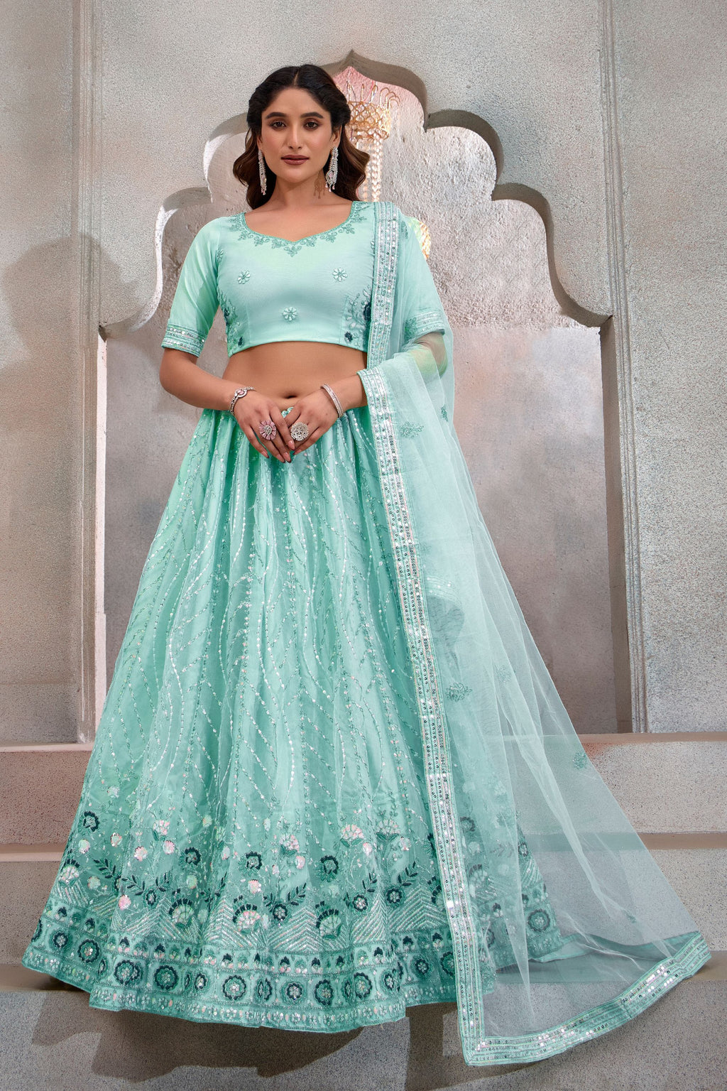 Cyan Net Lehenga Choli For Indian Festival & Weddings - Thread Embroidery Work, Sequence Embroidery Work