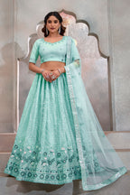 Cyan Net Lehenga Choli For Indian Festival & Weddings - Thread Embroidery Work, Sequence Embroidery Work