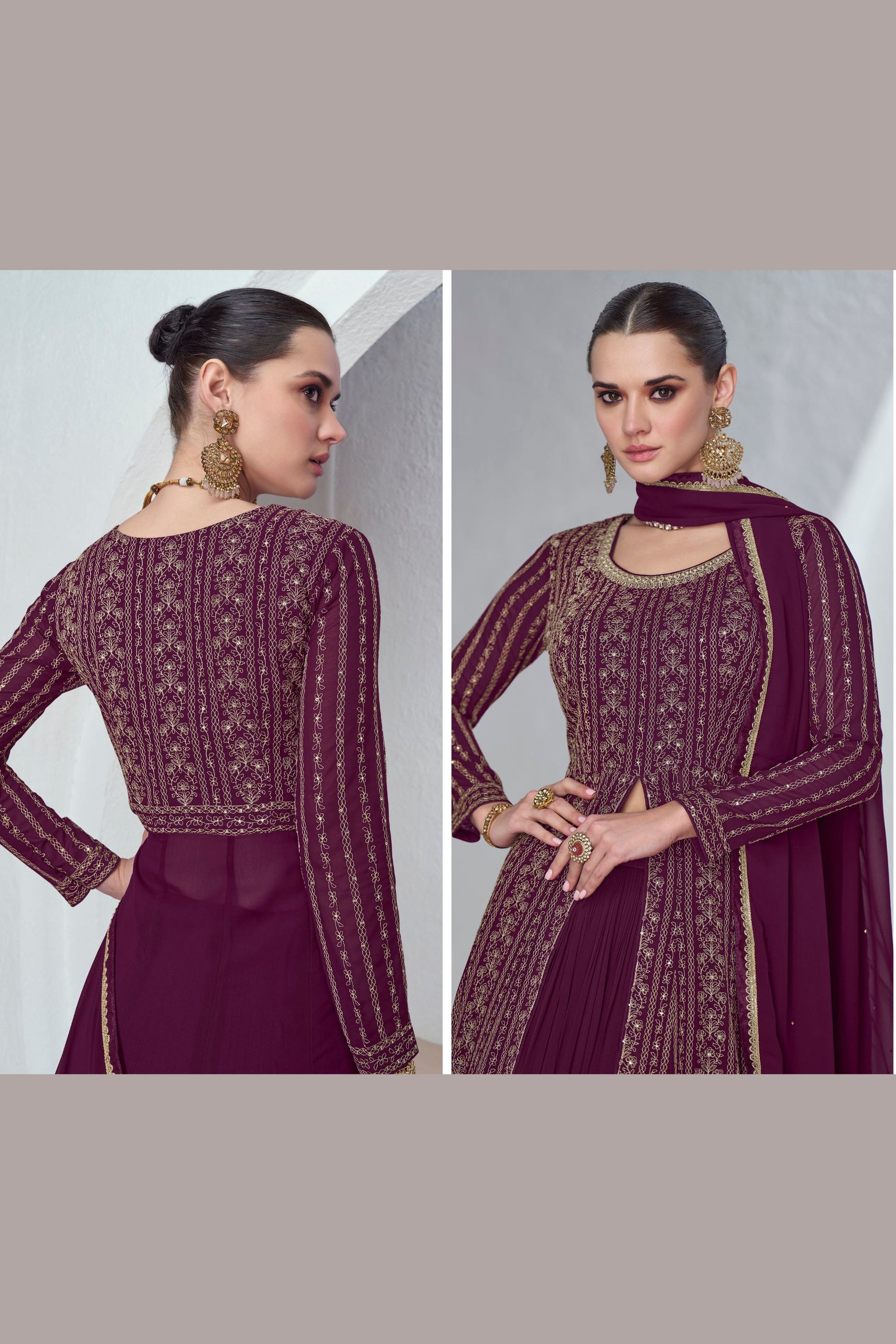 Maroon Chinon Silk Floor Full Length Anarkali Gown with Skirt For Indian Festivals & Weddings - Embroidery Work