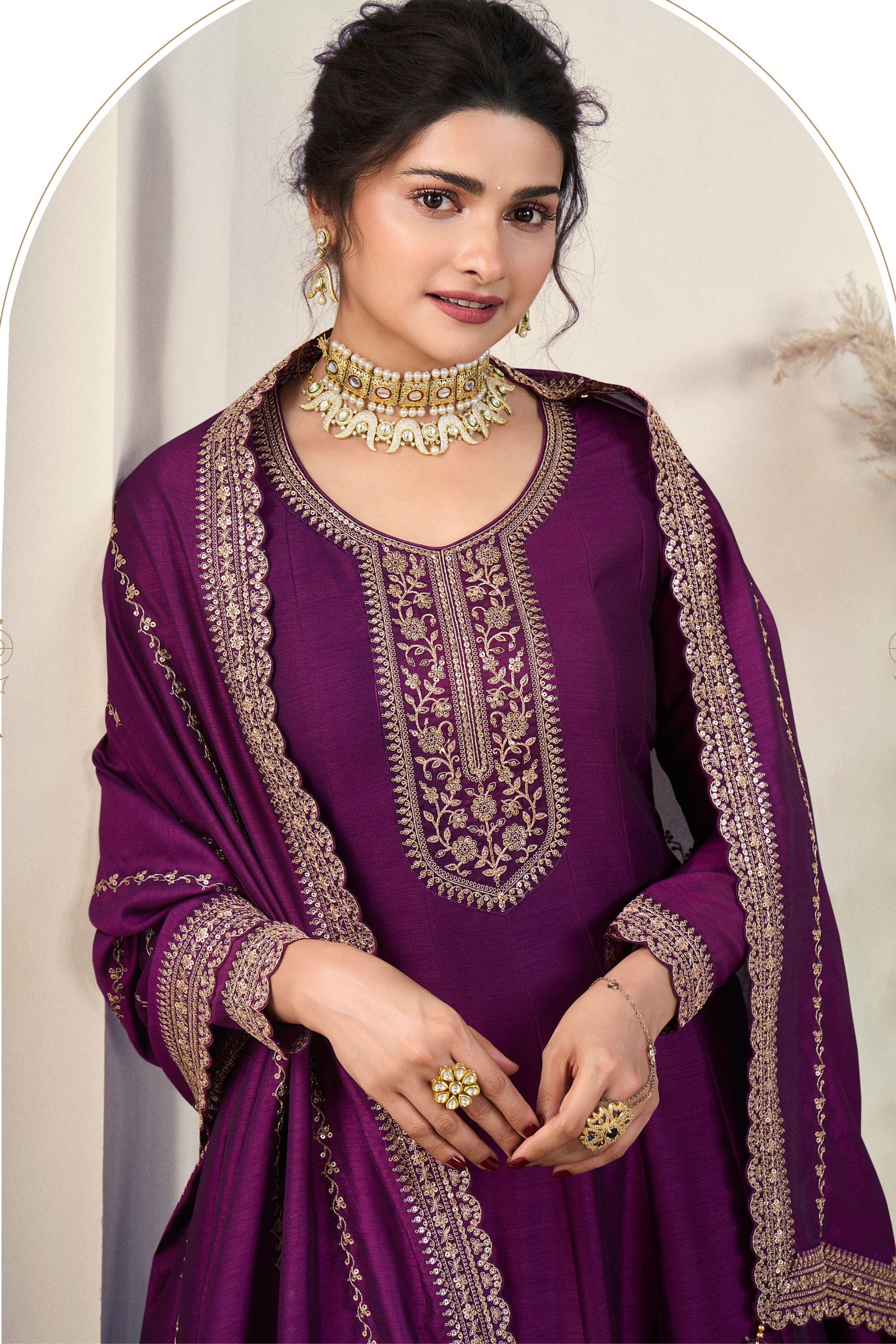 Purple Georgette Silk Floor Length Long Anarkali Suit For Indian Festivals & Pakistani Weddings Dress - Embroidery Work