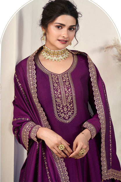 Purple Georgette Silk Floor Length Long Anarkali Suit For Indian Festivals & Pakistani Weddings Dress - Embroidery Work