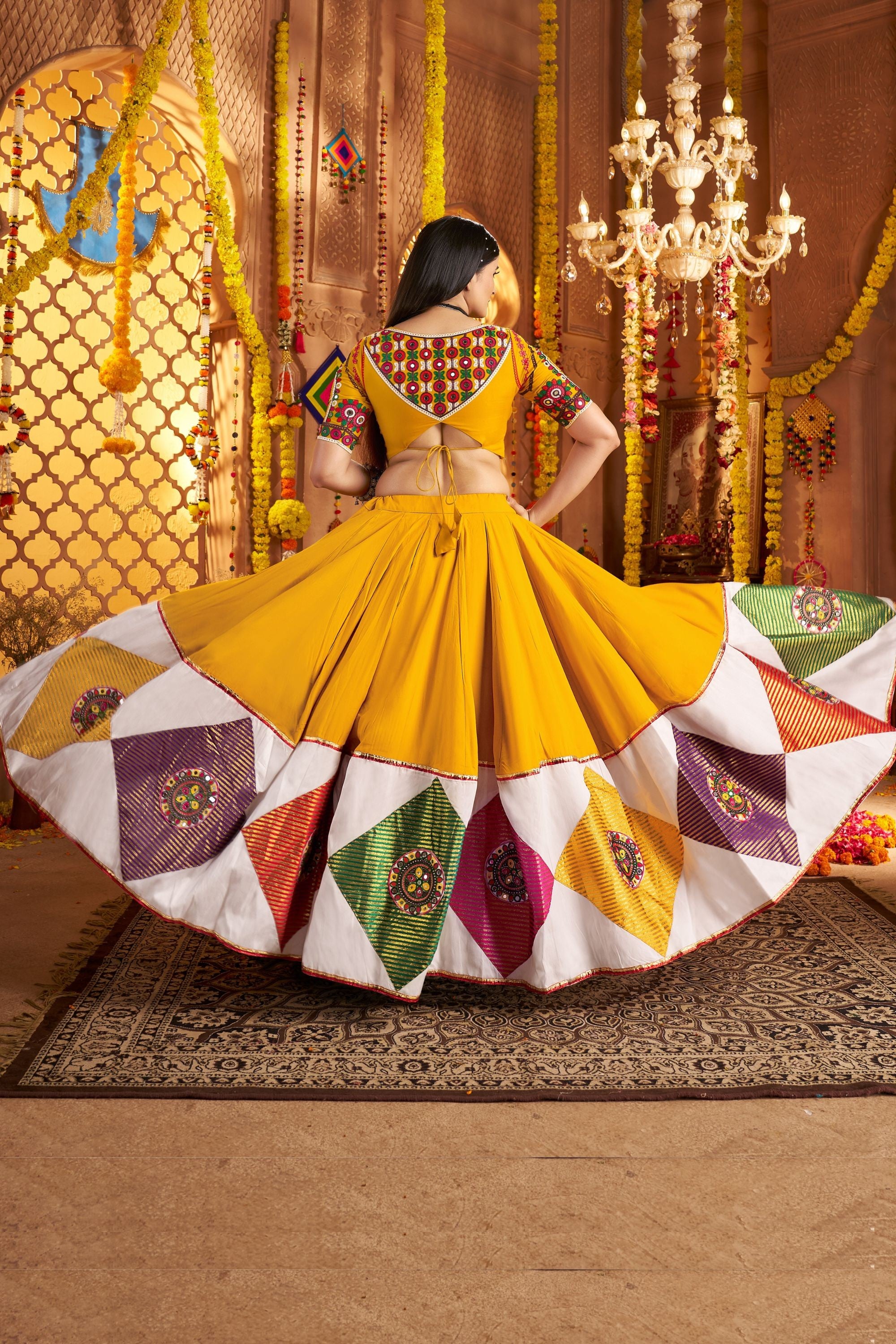 Mustard Yellow Viscose Cotton Navratri Chaniya Choli For Indian Garba Festival 8 Meter Flair - Thread Embroidery Work, Jacquard Patch Work, Real Mirror Work