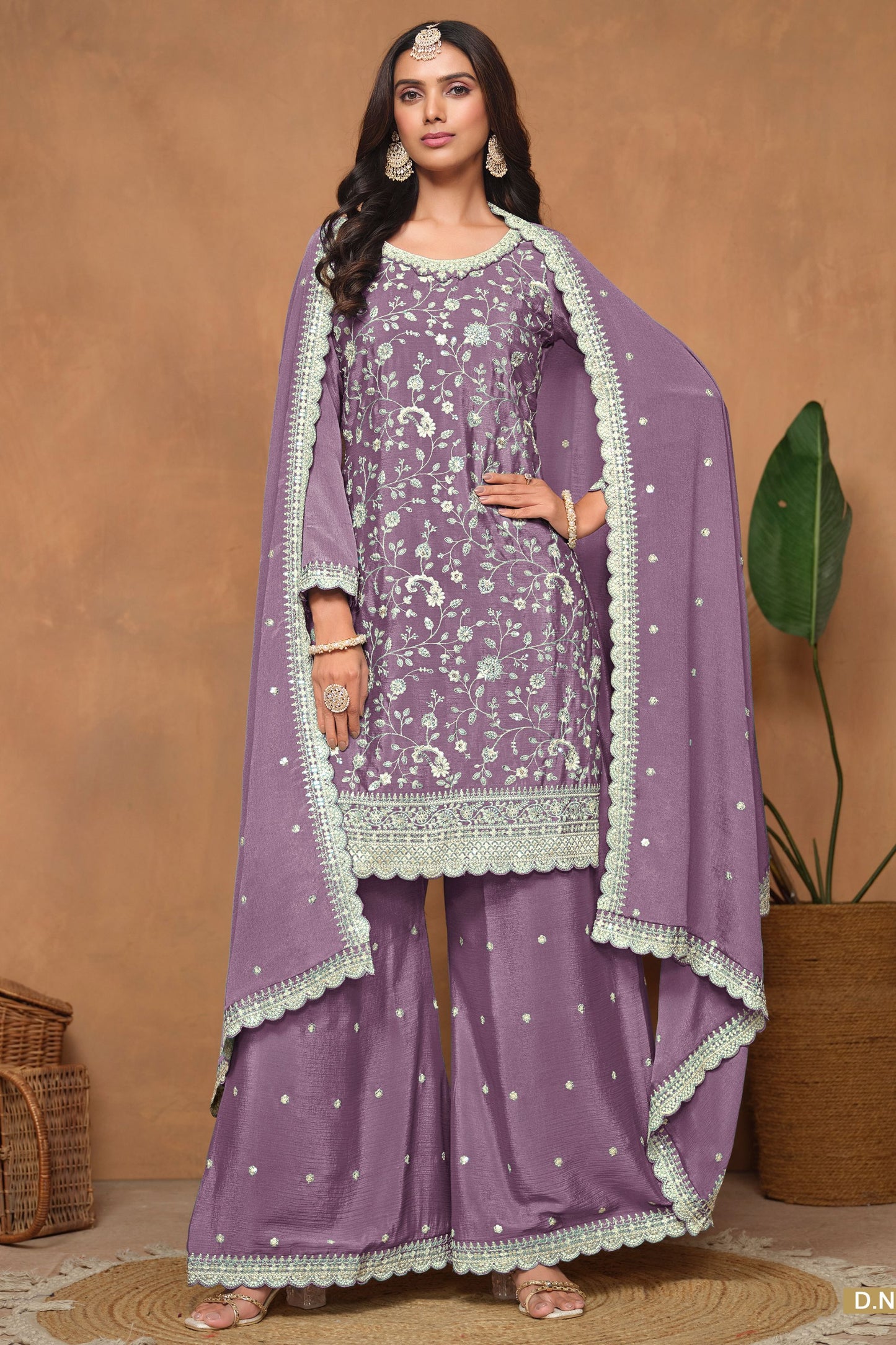 Purple Chinon Silk Palazzo Suit For Indian Festivals & Weddings - Embroidery Work