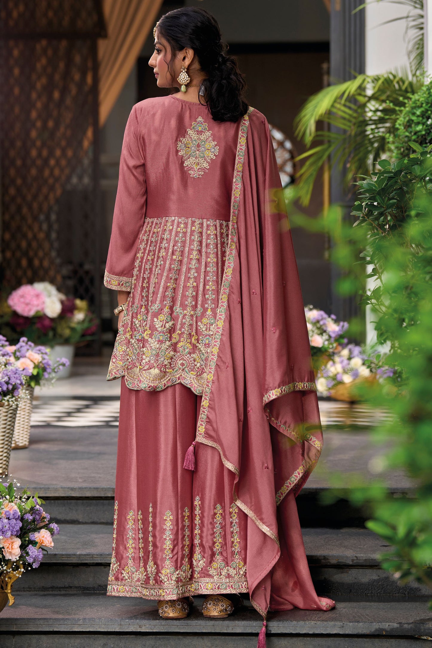 Dark Peach Chinon Silk Kameez with Plazo For Indian Festivals & Weddings - Embroidery Work