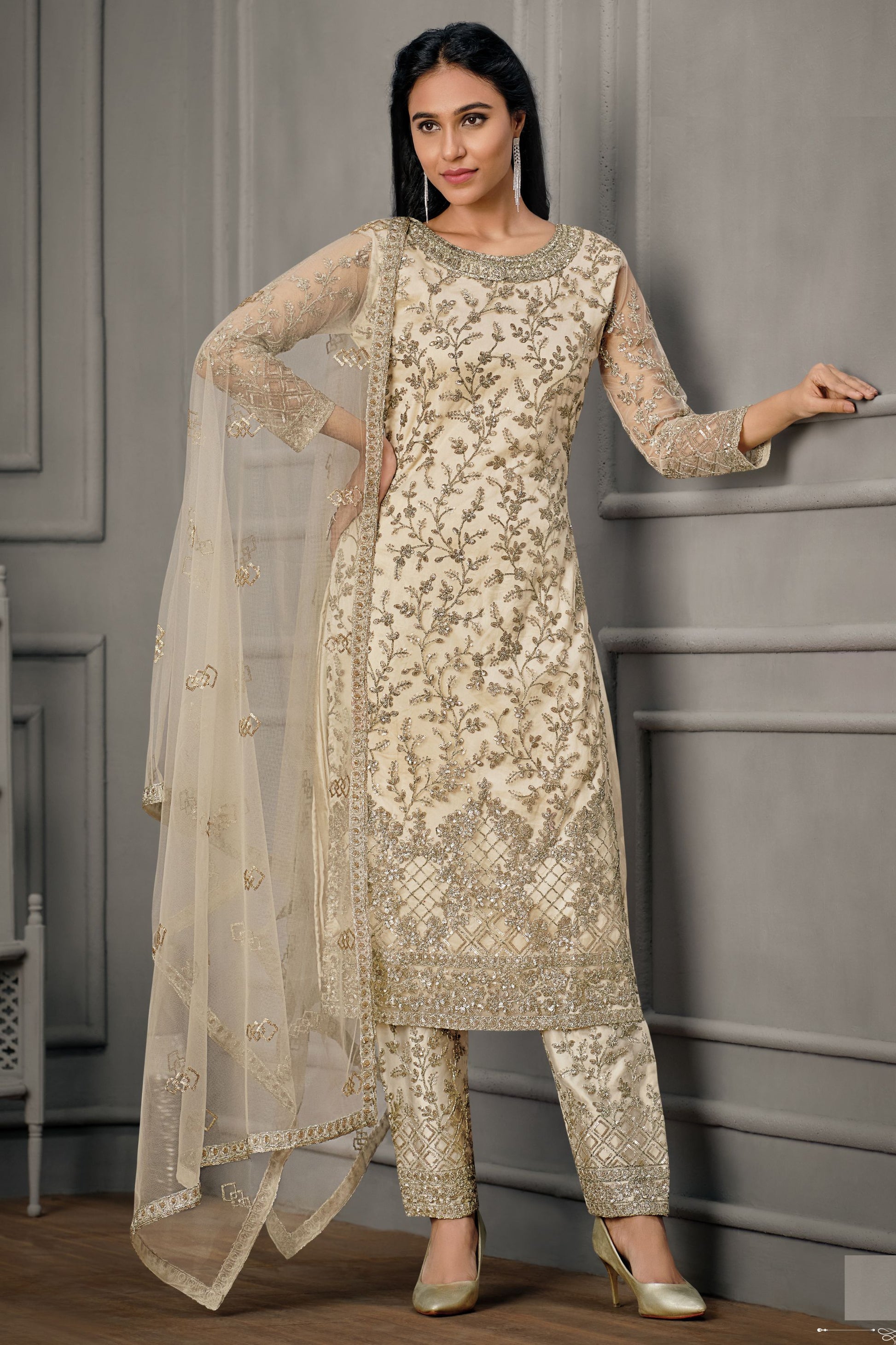 Cream Net Kameez with Pant For Indian Suit Festivals & Pakistani Weddings - Embroidery Work