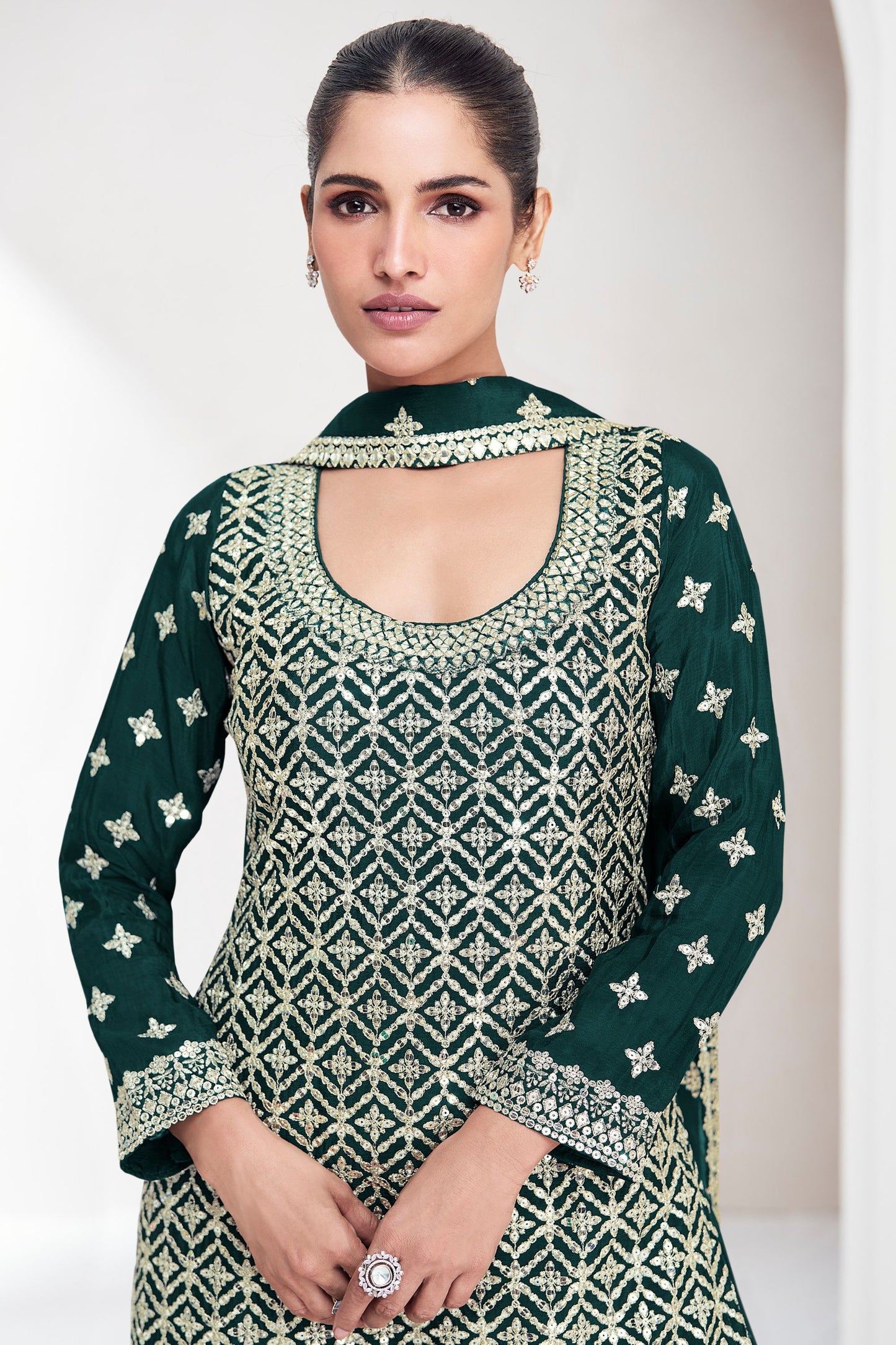 Green Chinon Silk Plazo Suit For Wedding & Festival - Embroidery Work