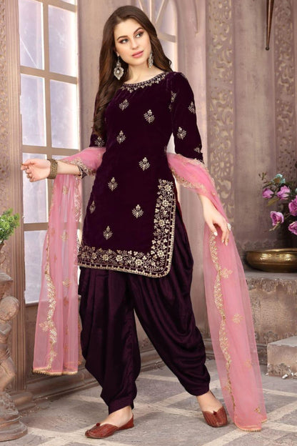 Dark Purple Velvet Kameez With Patiyala Suit For Indian Festivals & Weddings - Embroidery Work