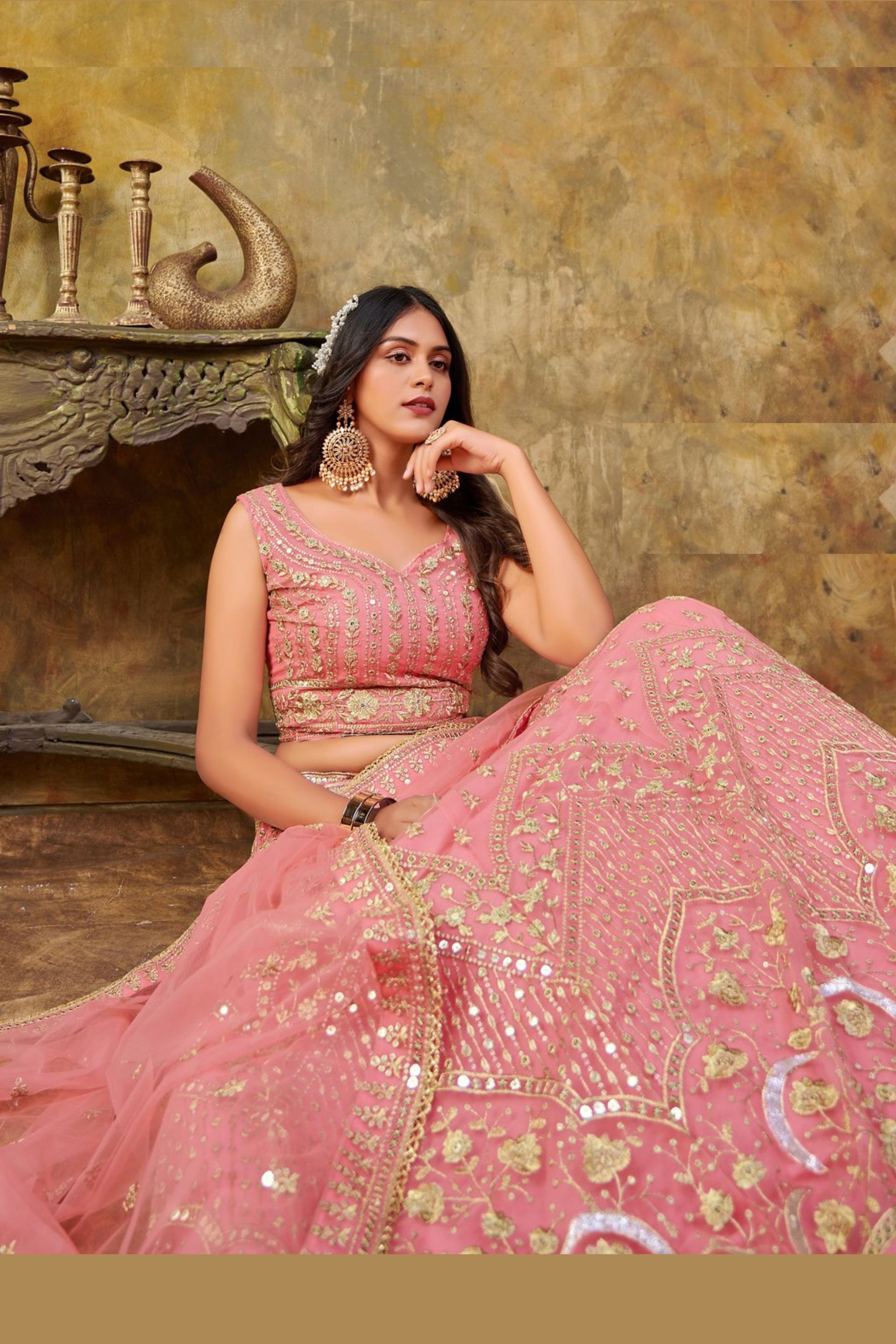 Baby Pink Georgette Lehenga Choli For Indian Festivals & Weddings - Thread Embroidery Work, Sequence Embroidery Work