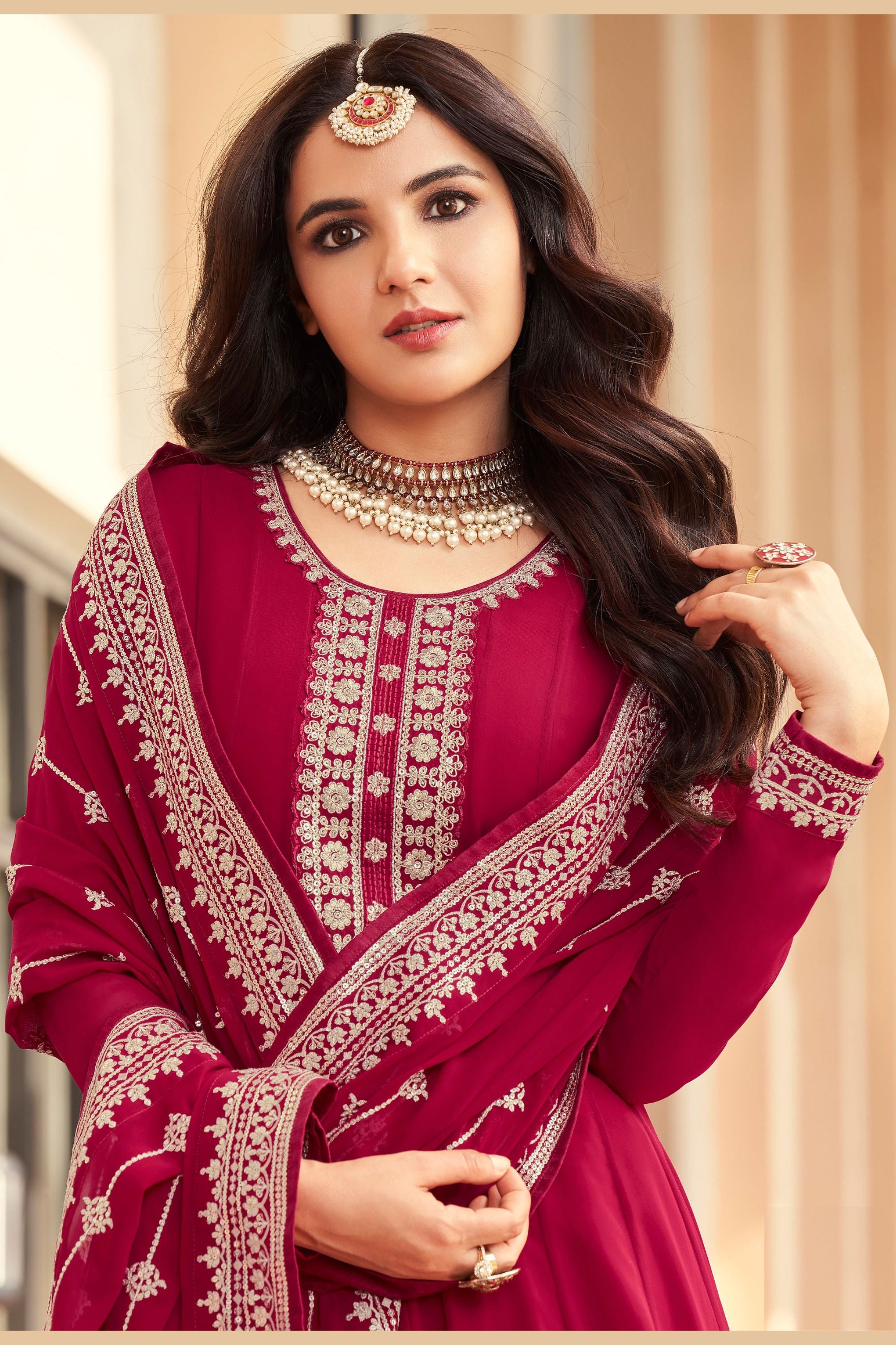 Red Anarkali Gown Georgette Wedding Festival Partywear - Embroidery Work