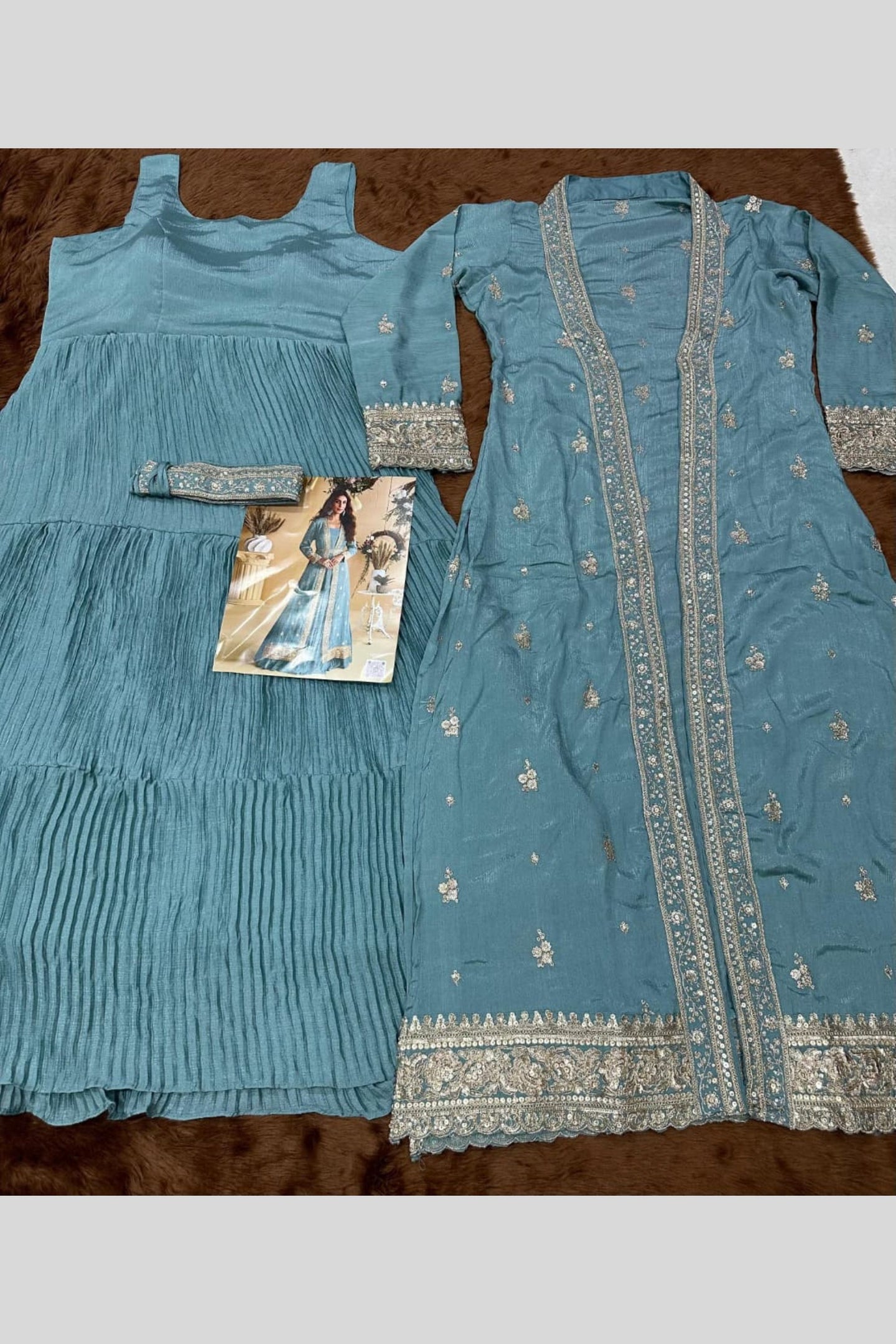 Teal Blue Chinon Silk Anarkali Wear with Jacket - Sequins & Thread Work