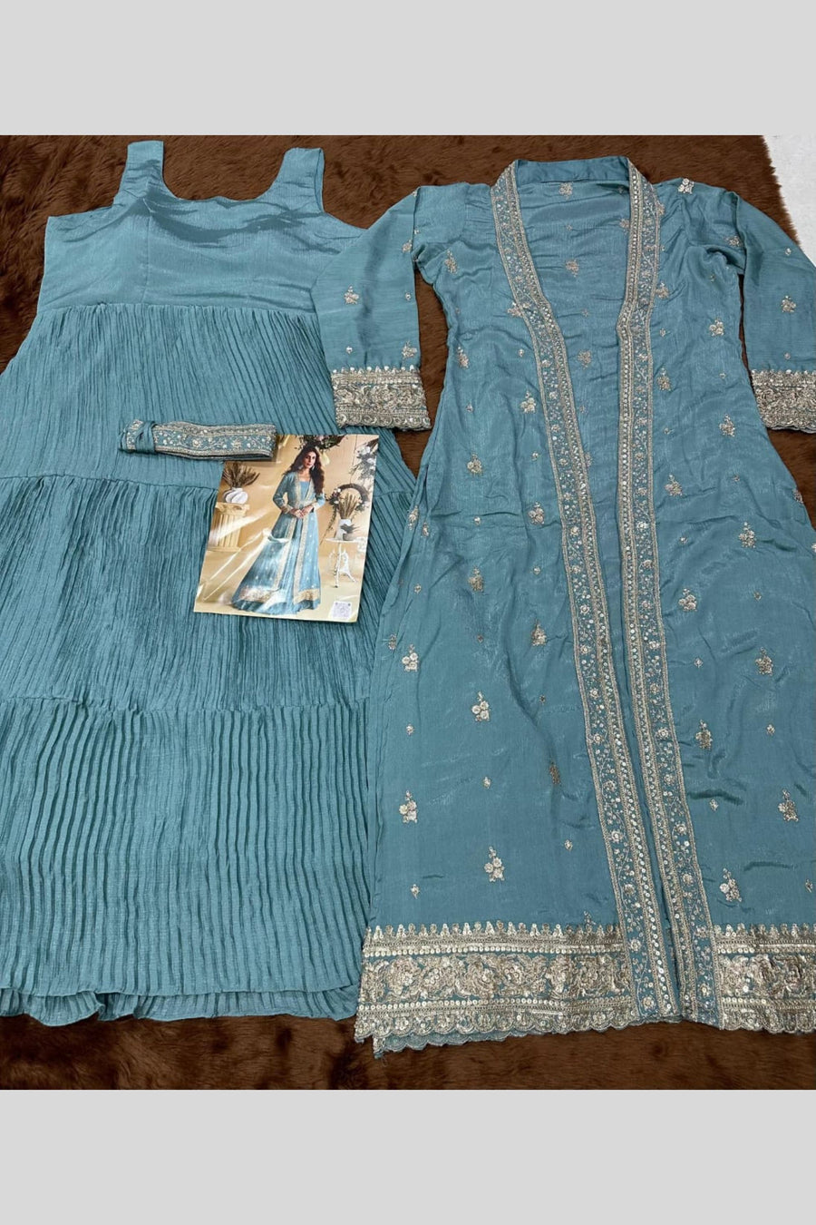 Teal Blue Chinon Silk Anarkali Wear with Jacket - Sequins & Thread Work