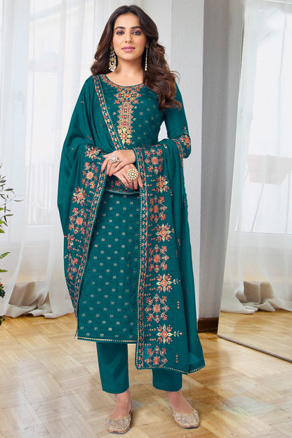 Teal Chinon & Georgette Silk Kameez with Pant For Indian Suit Festivals & Pakistani Weddings - Embroidery Work