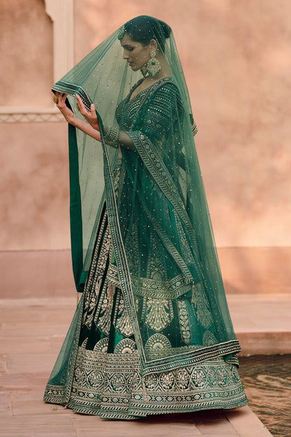 Teal Lycra Silk Lehenga Choli Handwork Blouse For Indian Festivals & Weddings - Embroidery Work, Handwork