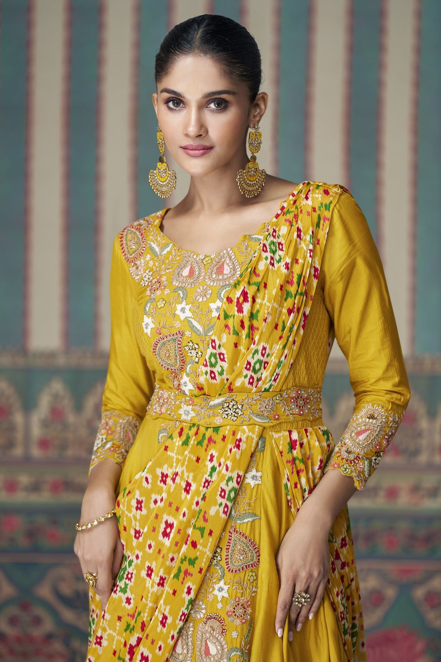 Yellow Chinon Silk Full Length Partywear Gown For Festivals & Weddings - Embroidery Work Copy