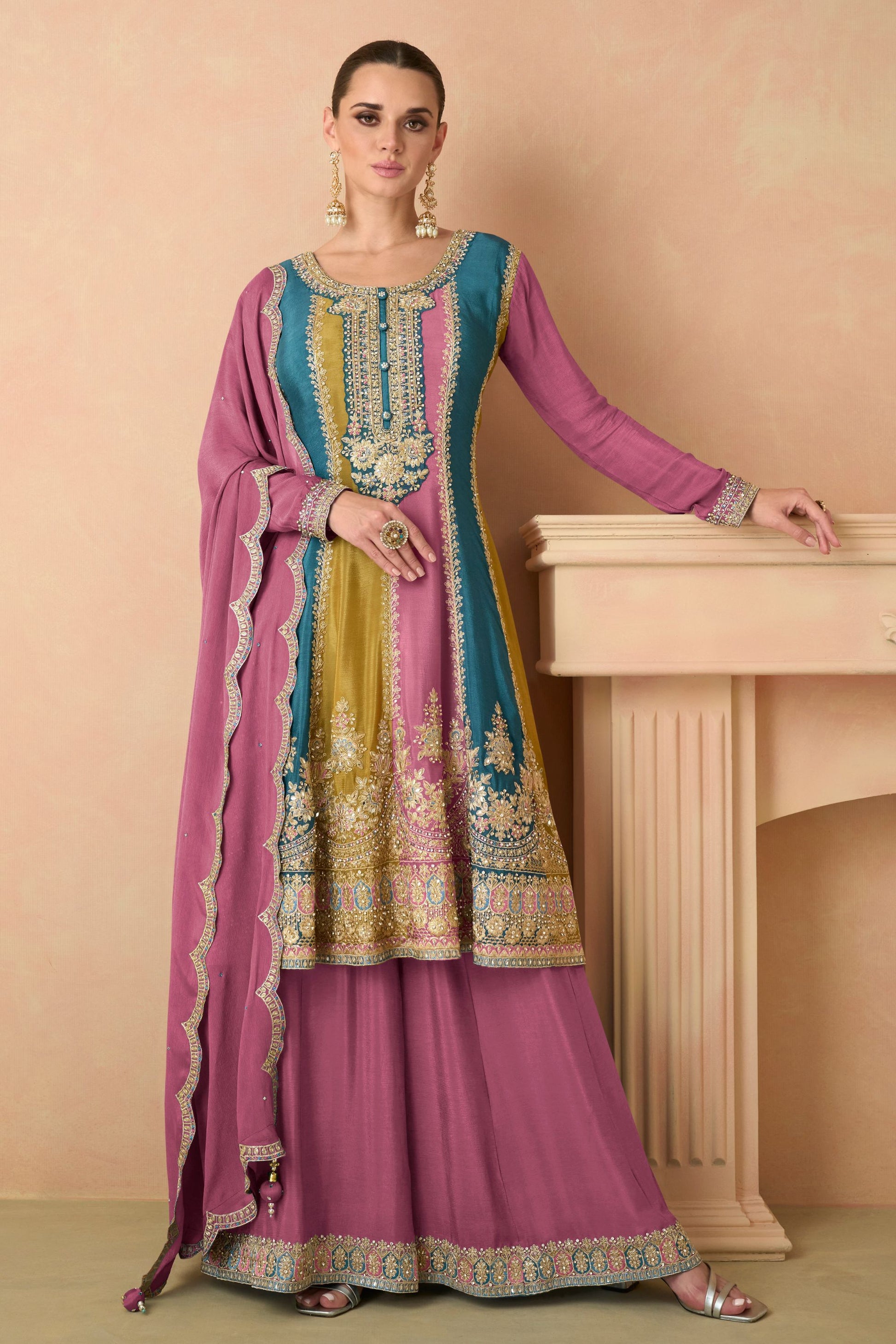 Multicolor Chinon Silk Plazo Suit For Indian Festival & Pakistani Wedding - Embroidery Work