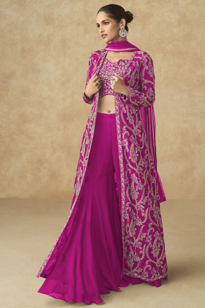 Pink Georgette Palazzo with Choli & Jacket For Wedding & Indian Festival - Embroidery Work