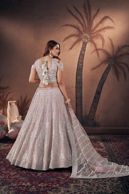 Peach Net Lehenga Choli For Indian Festivals & Wedding - Zarkan Work, Sequence Embroidery Work, Khatli Work