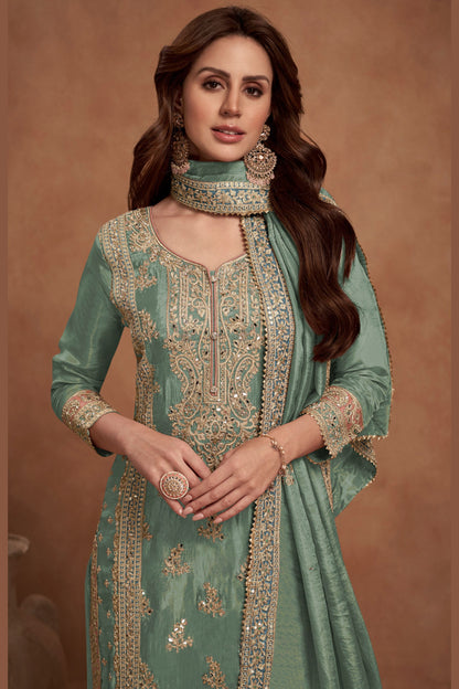 Dusty Green Simar Silk Plazo Suit For Indian Festivals & Weddings - Embroidery Work