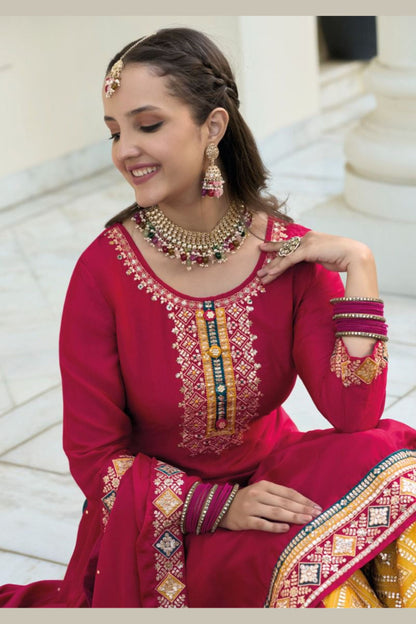 Maroon Chinon Silk Kameez with Plazzo For Indian Suit Festivals & Pakistani Weddings - Embroidery Work