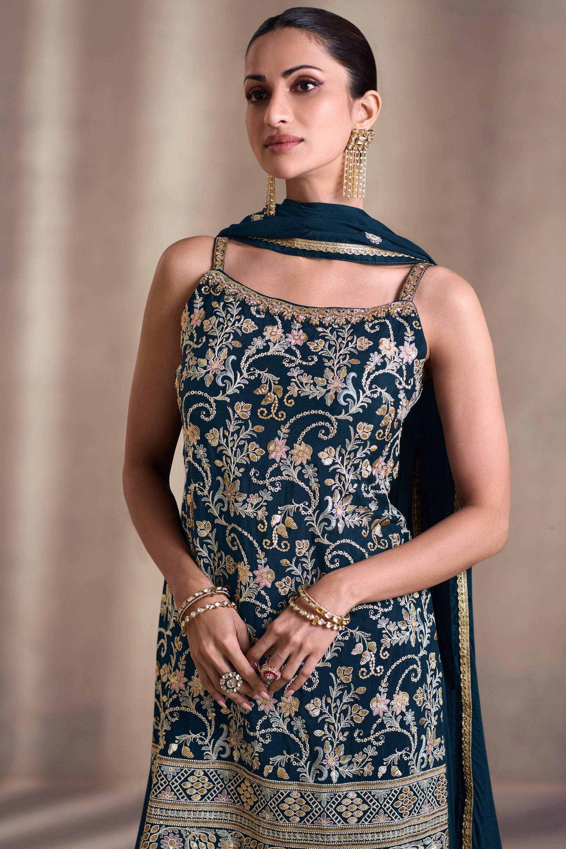 Navy Blue Chinon Silk Sharara Suits for Indian Festival & Pakistani Wedding - Embroidery Work