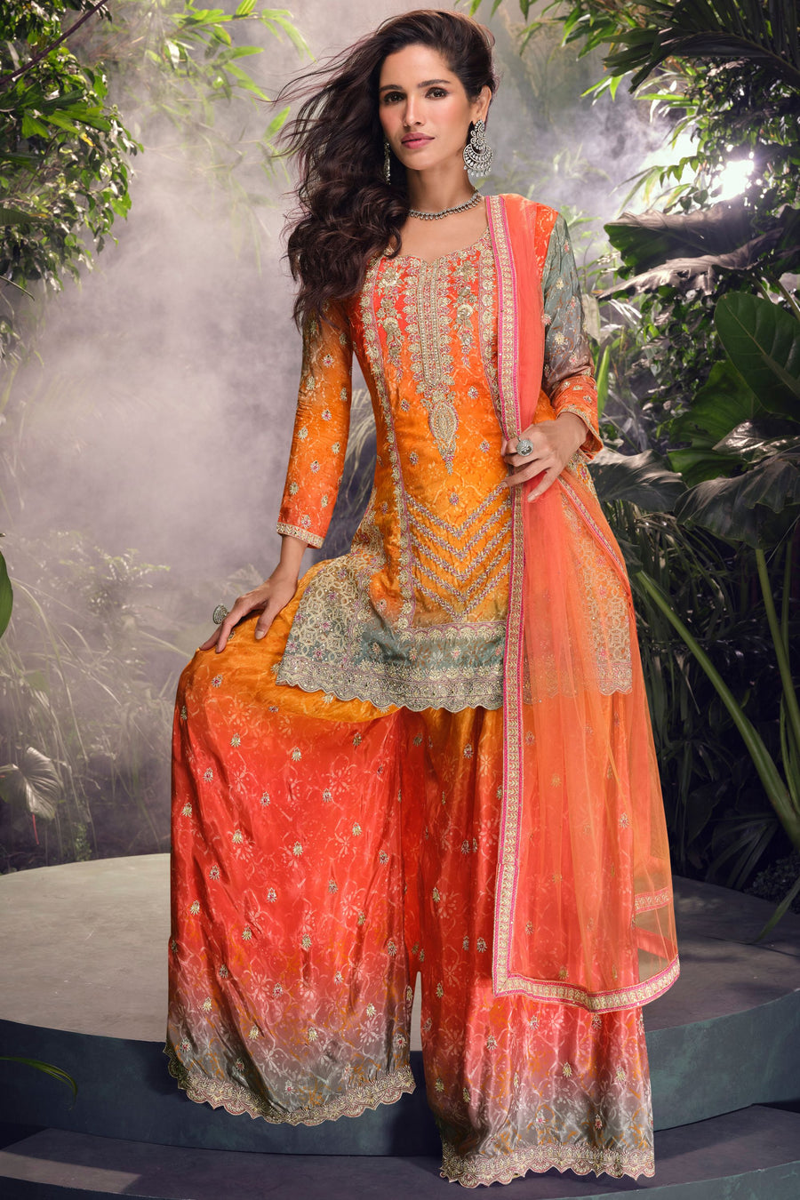 Orange Chinon Silk Plazo Suits for Indian Festival & Pakistani Wedding - Embroidery Work