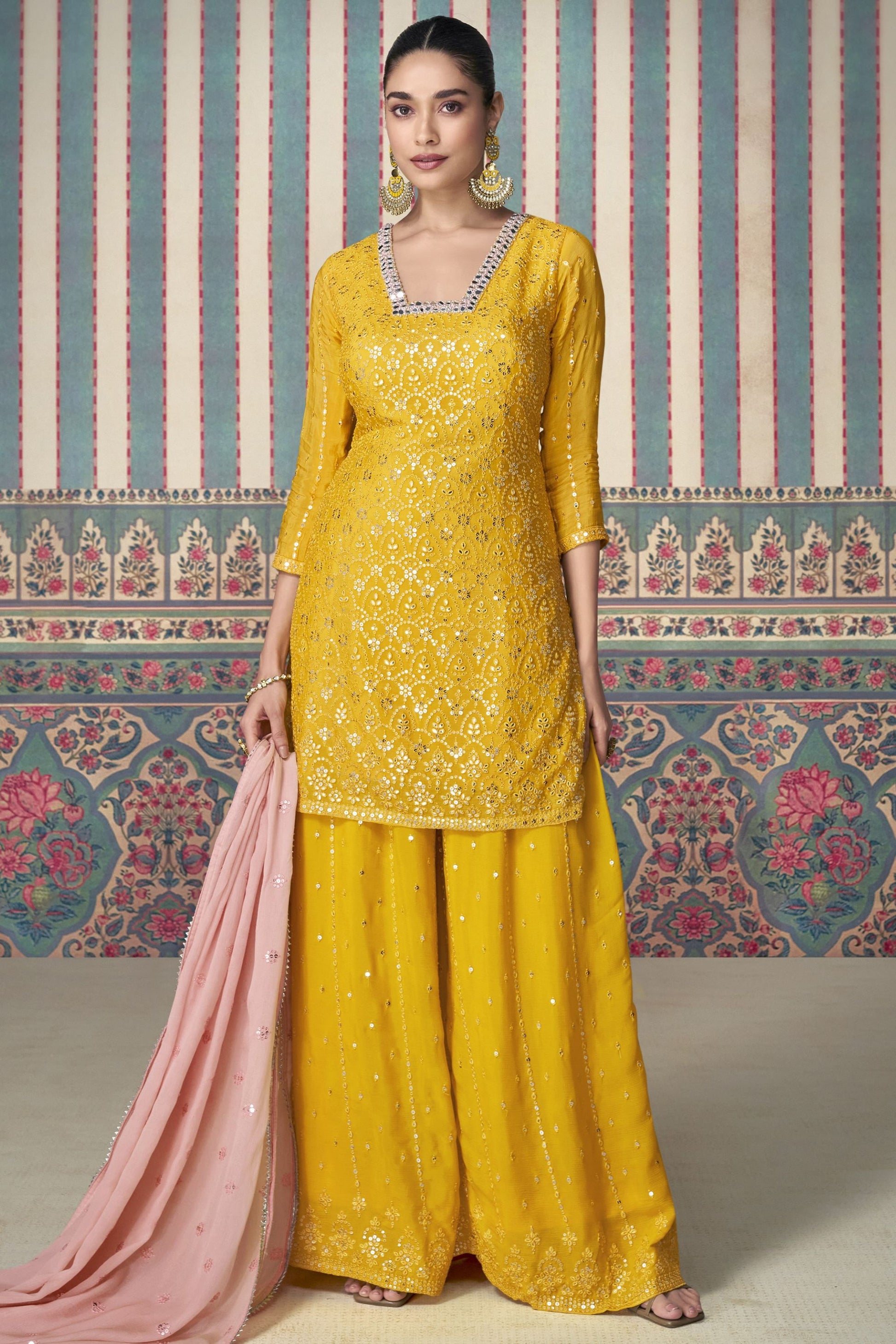 Yellow Chinon Silk Plazo Suits for Indian Festival & Pakistani Wedding - Embroidery Work