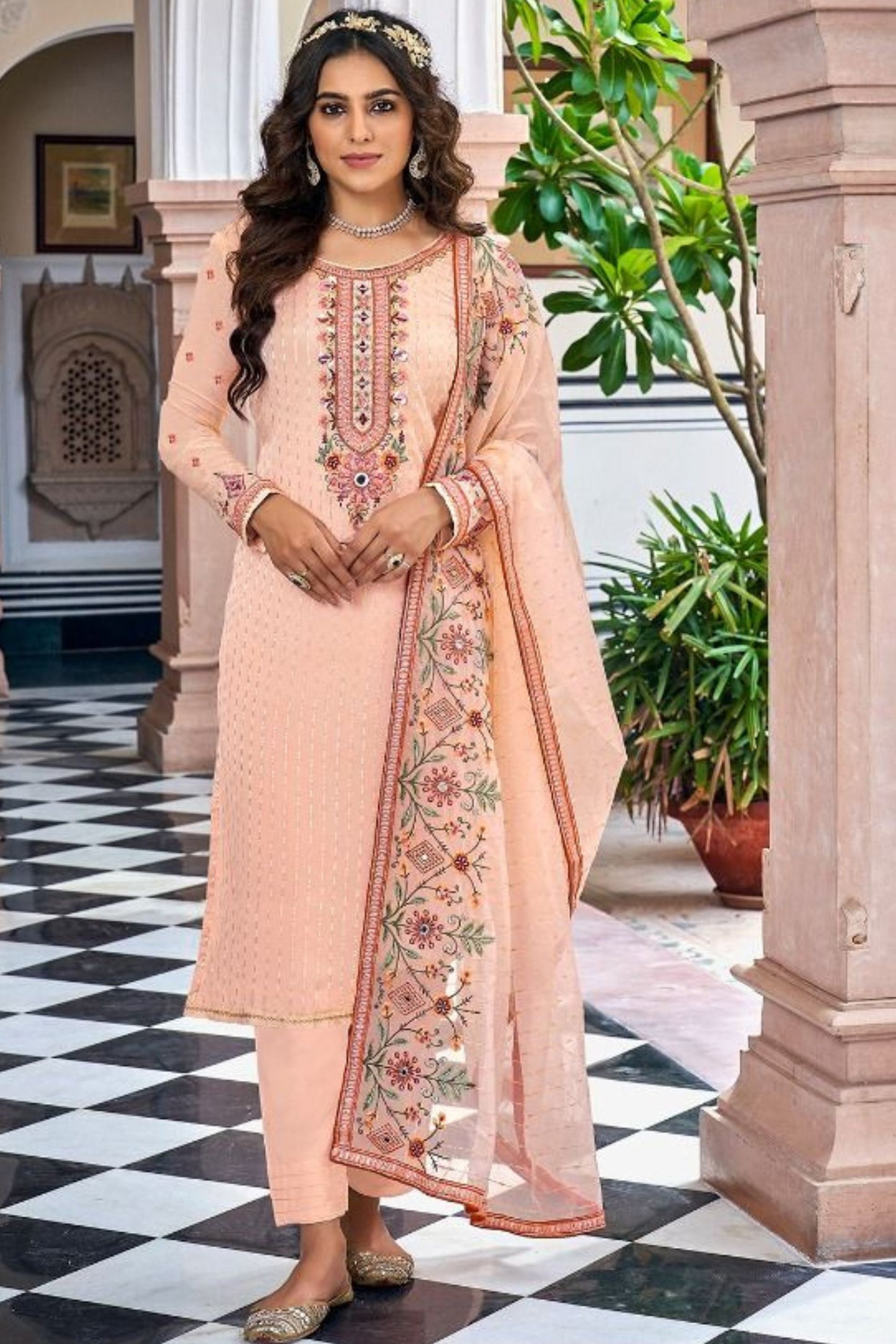 Light Peach Georgette with Chinon Silk Kameez with Pant For Indian Suit Festivals & Pakistani Weddings - Embroidery Work