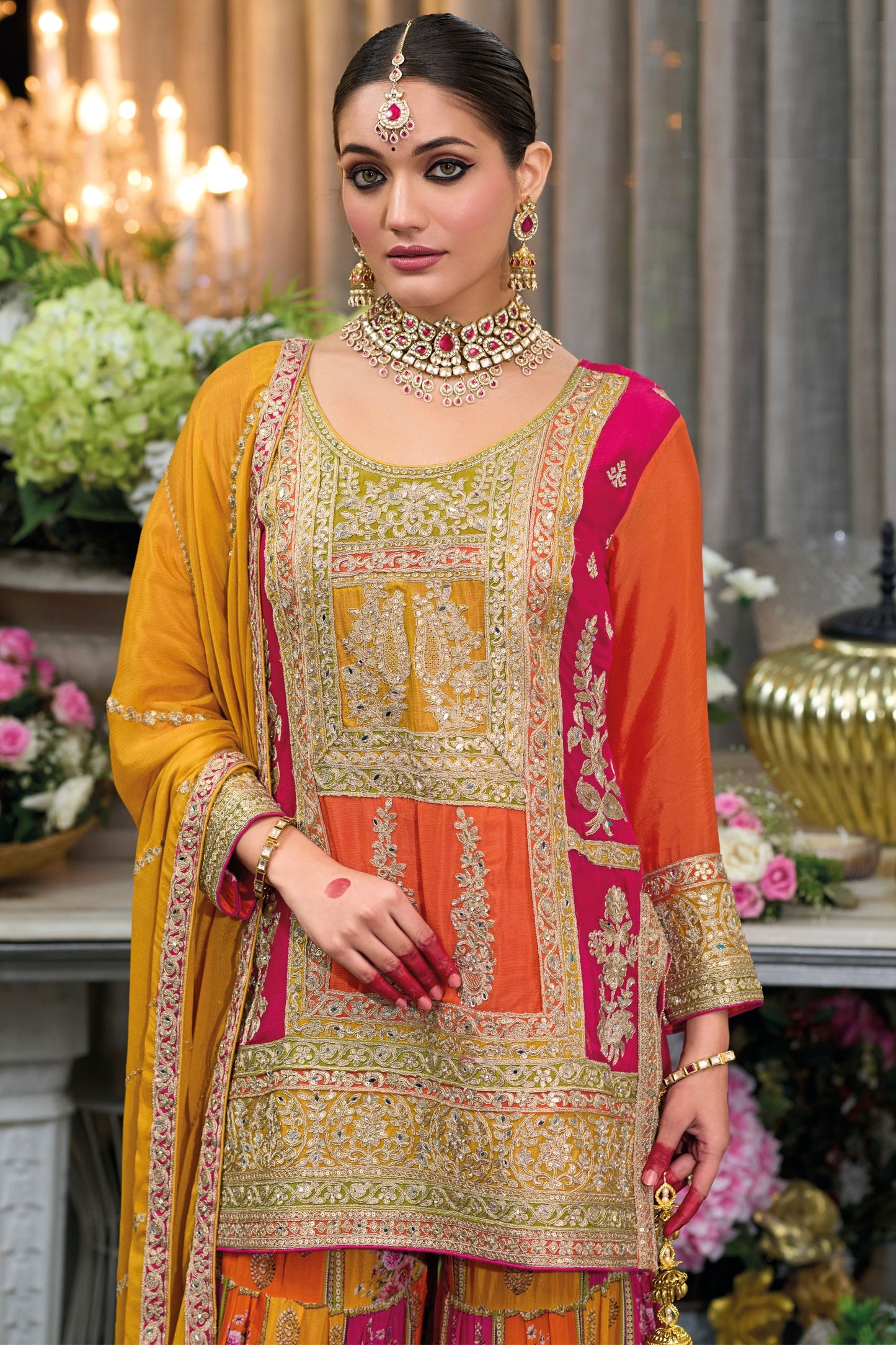 Orenge Yellow Chinon Silk Kameez with Plazo For Indian Festivals & Weddings - Embroidery Work