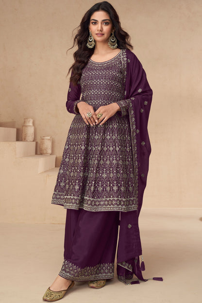 Dark Purple Chinon Silk Plazo Suit For Wedding & Festival - Embroidery Work