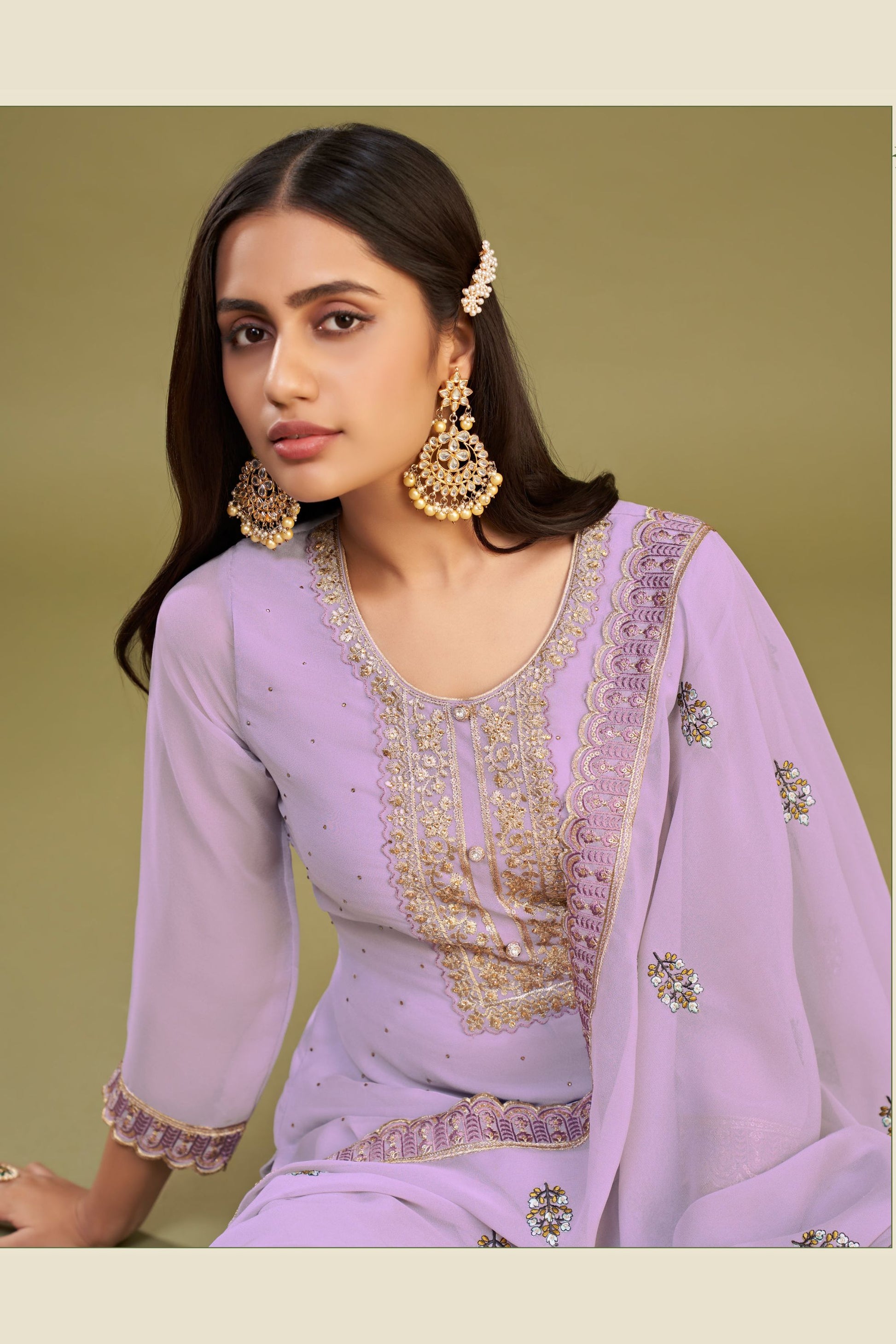 Lavender Georgette Plus Size Upto 7XL Size Salwar Kameez For Indian Festivals & Pakistani Weddings - Thread Embroidery Work, Swarovski Work