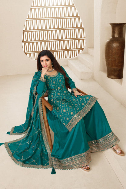 Turquoise Jacquard Silk Palazzo Suit For Indian Festivals & Pakistani Plazo Weddings Dress - Embroidery Work