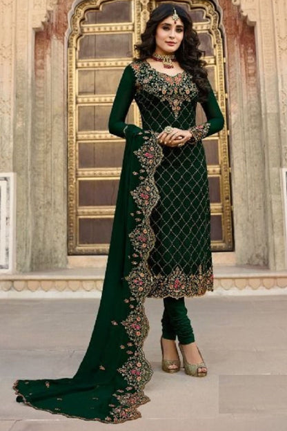 Dark Green Georgette Kameez with Pant For Indian Suit Festivals & Pakistani Weddings - Embroidery Work, Stone Work