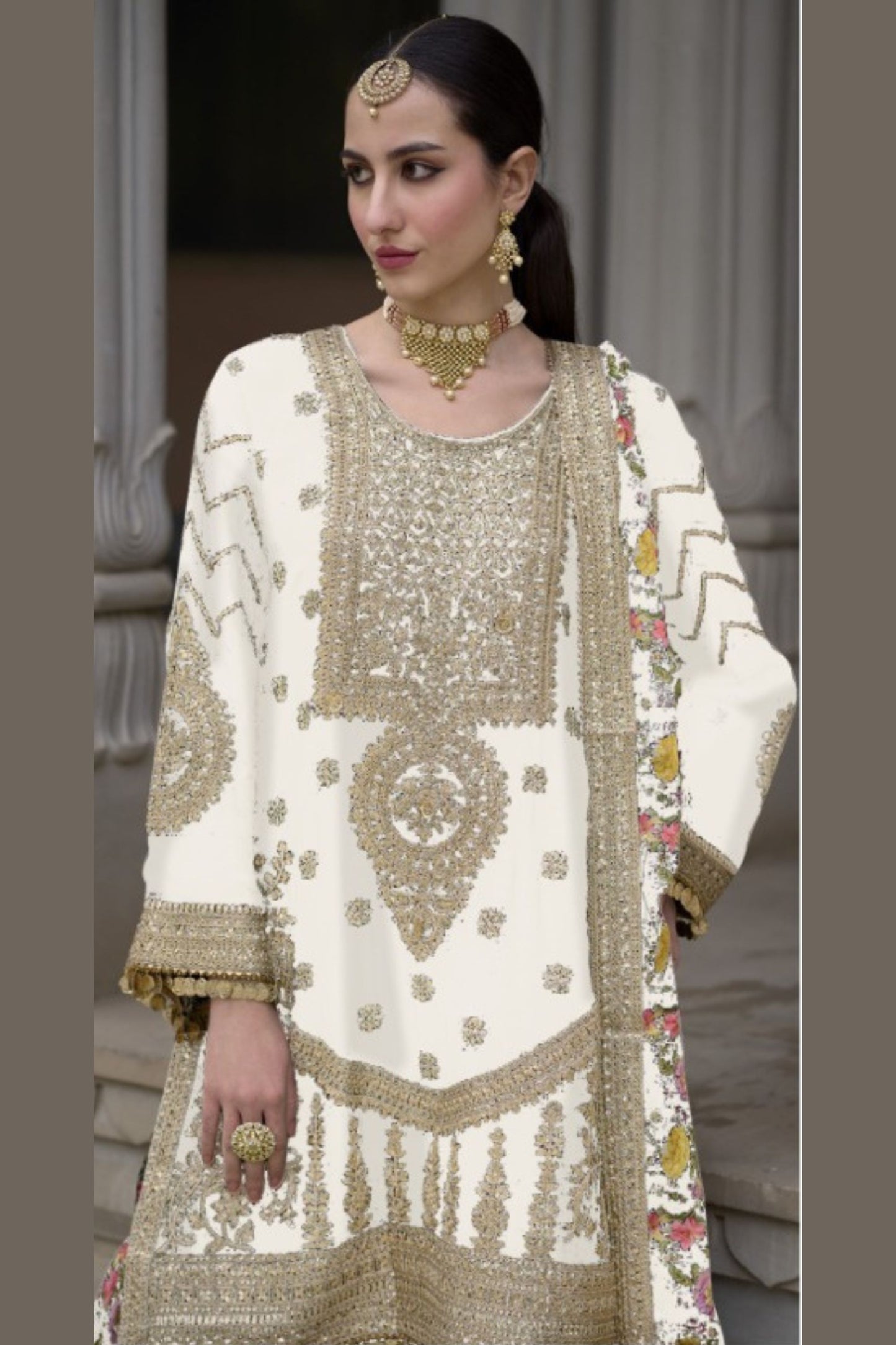 White Chinon Silk Kameez with Plazzo And Dupatta For Indian Suit Festivals & Pakistani Weddings - Embroidery Work