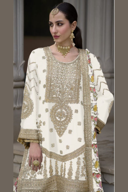 White Chinon Silk Kameez with Plazzo And Dupatta For Indian Suit Festivals & Pakistani Weddings - Embroidery Work