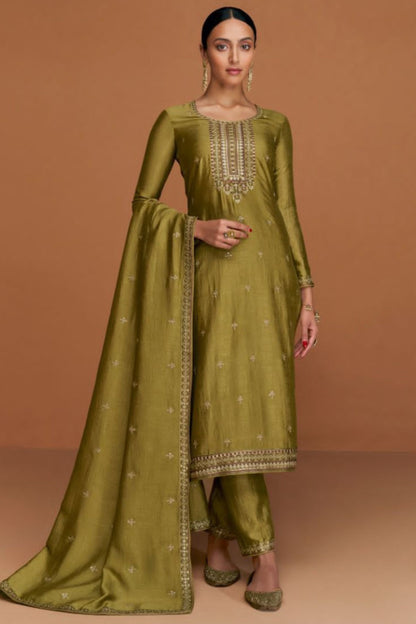 Olive Silk Kameez with Pant For Indian Suit Festivals & Pakistani Weddings - Embroidery Work