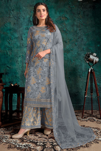 Gray Net Kameez with Plazzo And Dupatta For Indian Suit Festivals & Pakistani Weddings -Thread Embroidery Work, Sequence Embroidery Work