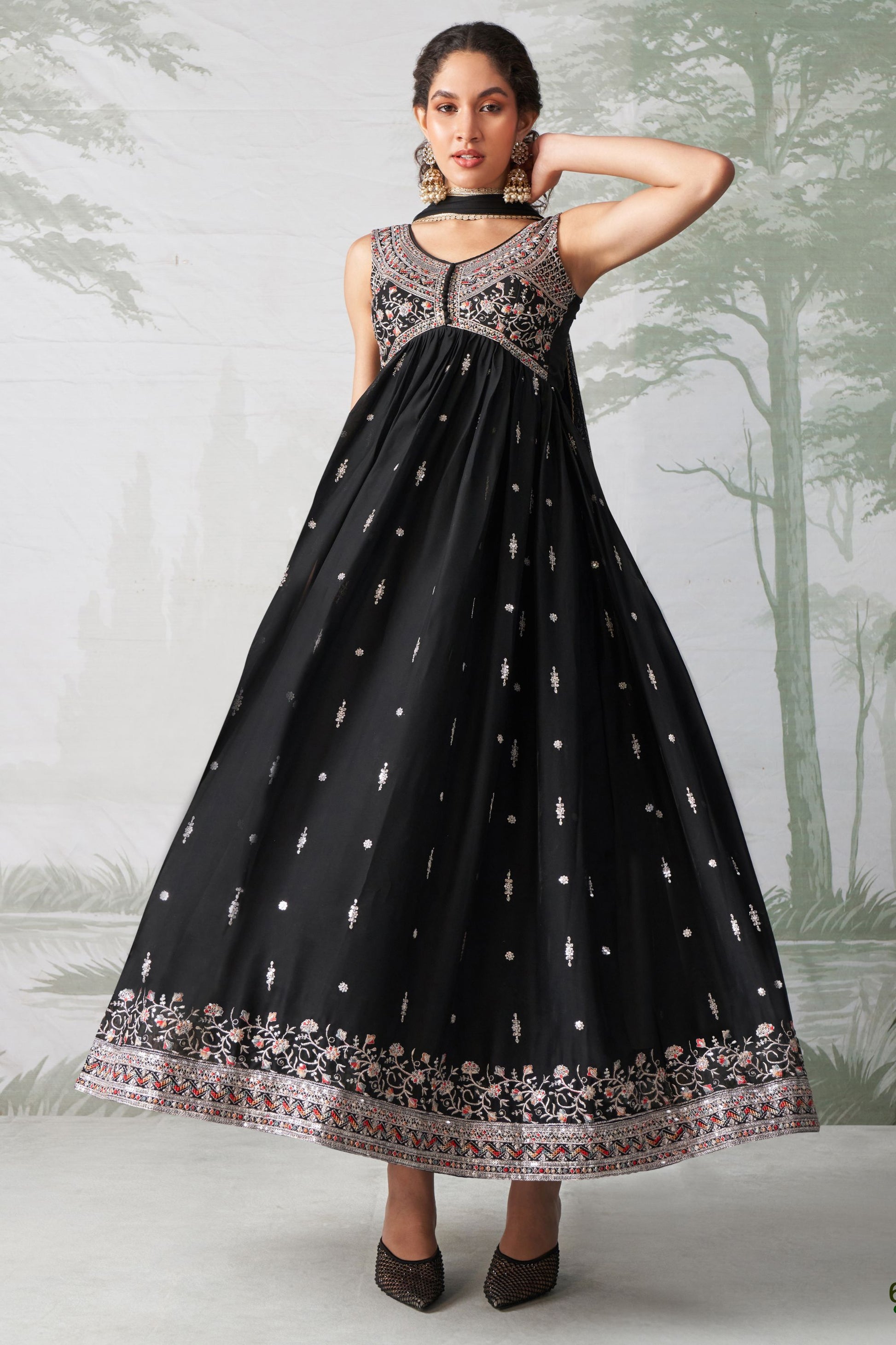 Black Georgette Anarkali Gown For Indian Festivals & Weddings - Thread Embroidery Work, Zari Work, Seqeuence Work