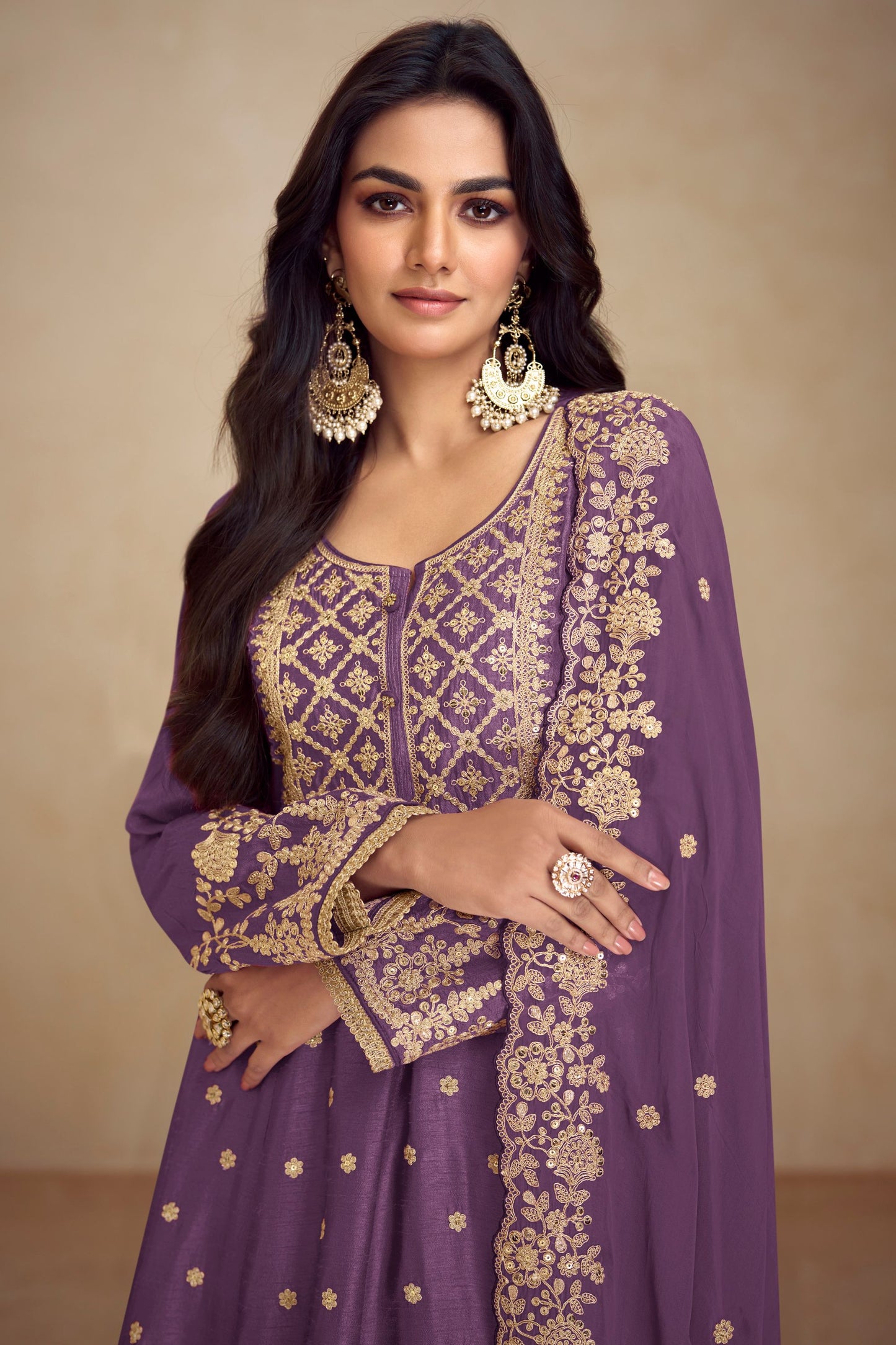 Purple Chinon Silk Plazo Suit For Indian Weddings & Pakitani Festival - Embroidery Work