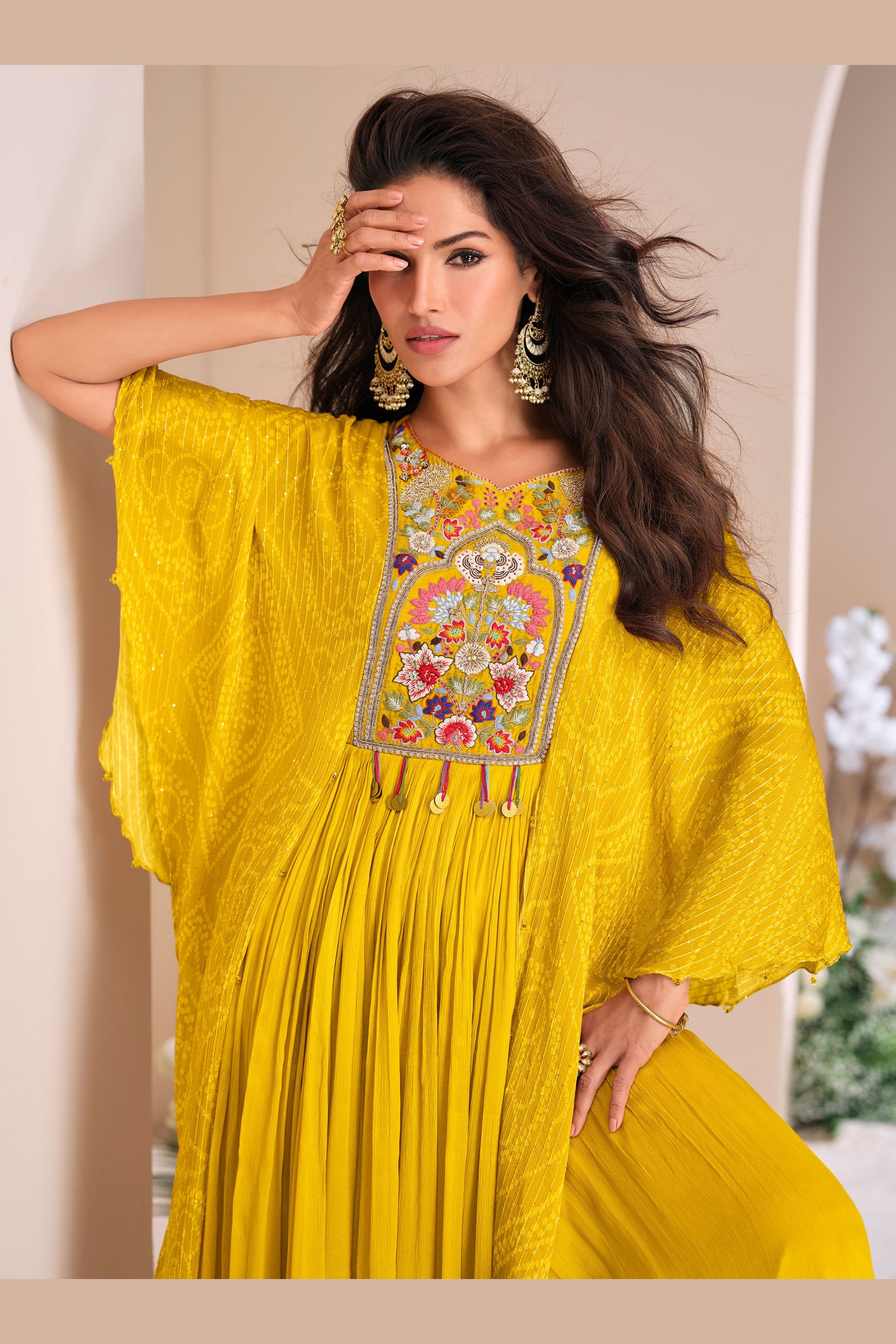 Yellow Chinon Silk Anarkali Gown For Indian Festivals & Pakistani Weddings Dress - Embroidery Work, Print Work