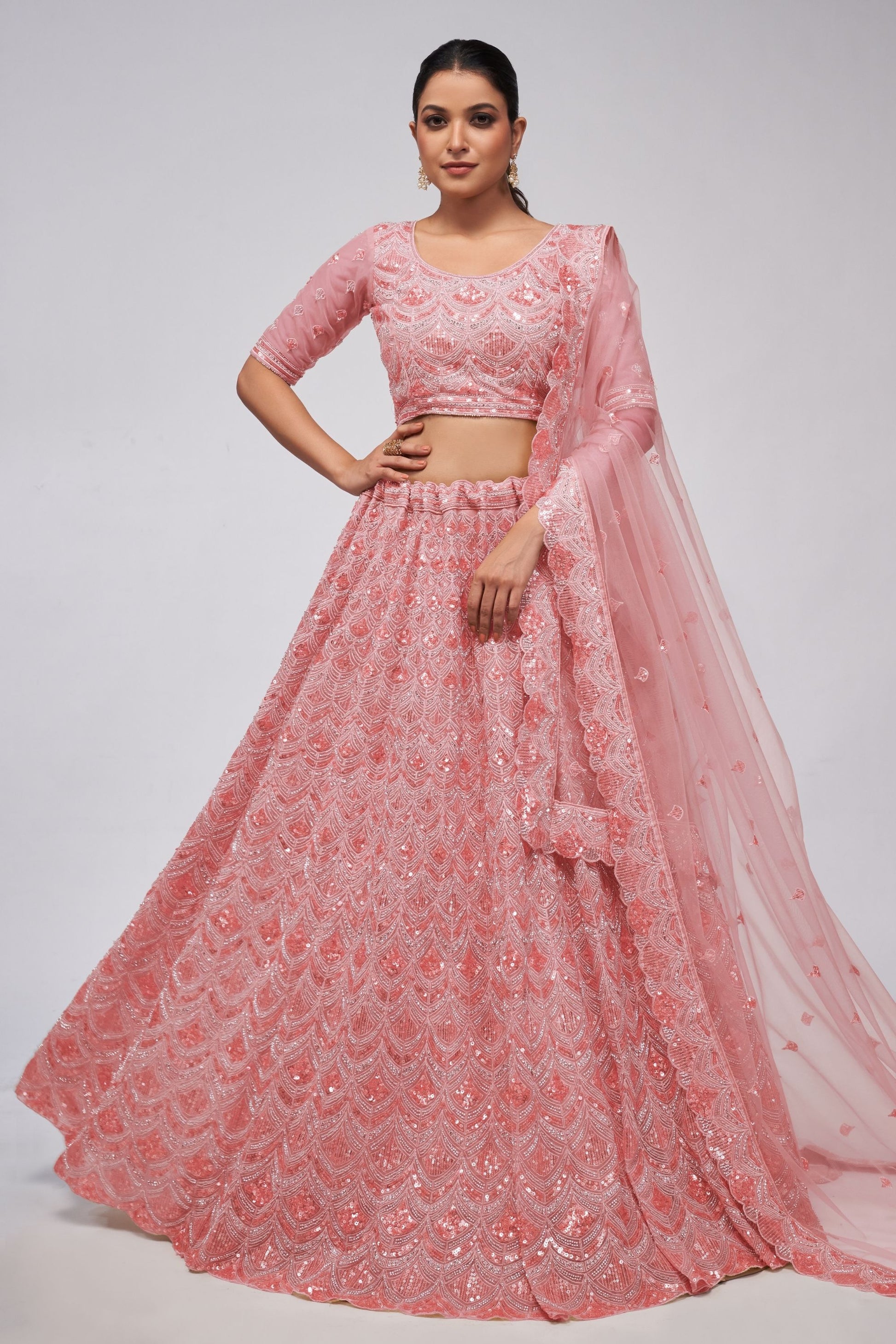 Odette Pink Soft Net Lehenga Choli For Indian Festivals & Weddings - Sequins Work, Bead Work, Zarkan Work