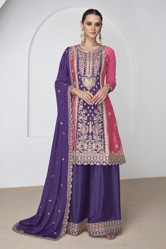 Purple Chinon Silk Palazzo Suit For Indian Wedding & Pakitani Festival - Embroidery Work