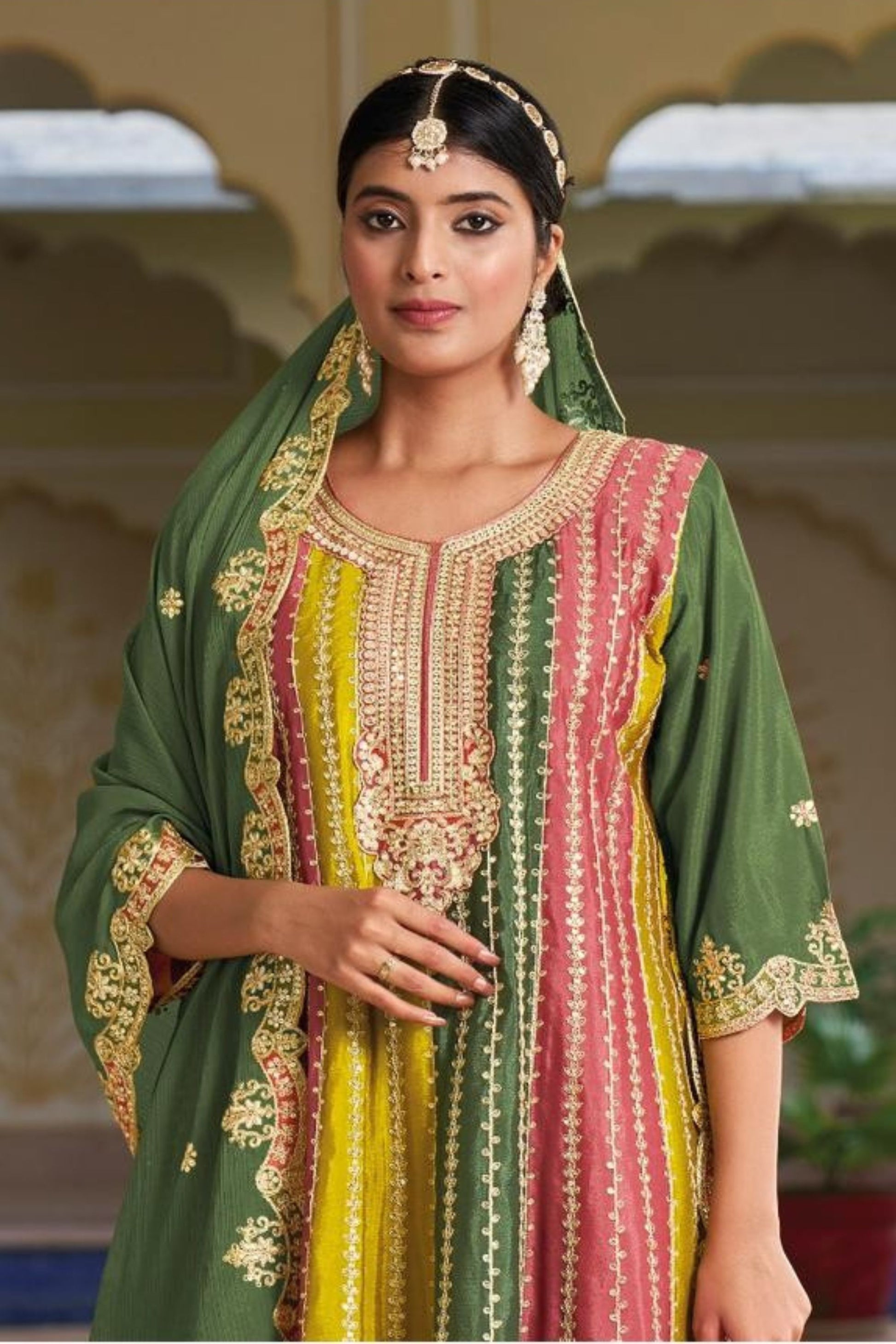 Multicolor Chinon Silk Salwar Suit Kameez For Indian Festivals & Weddings - Embroidery Work