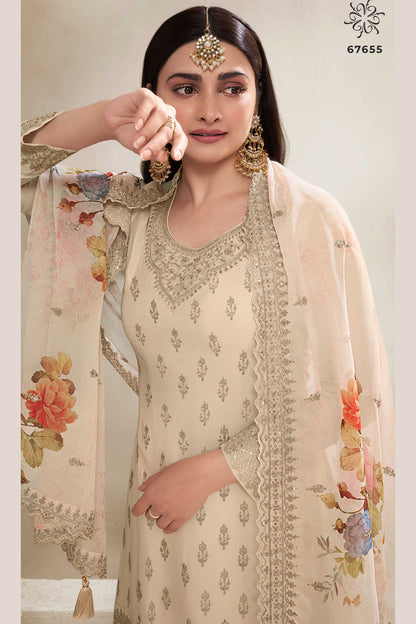 Cream Chinon Silk Palazzo Suit For Indian Festivals & Pakistani Plazo Weddings Dress - Embroidery Work, Print Work