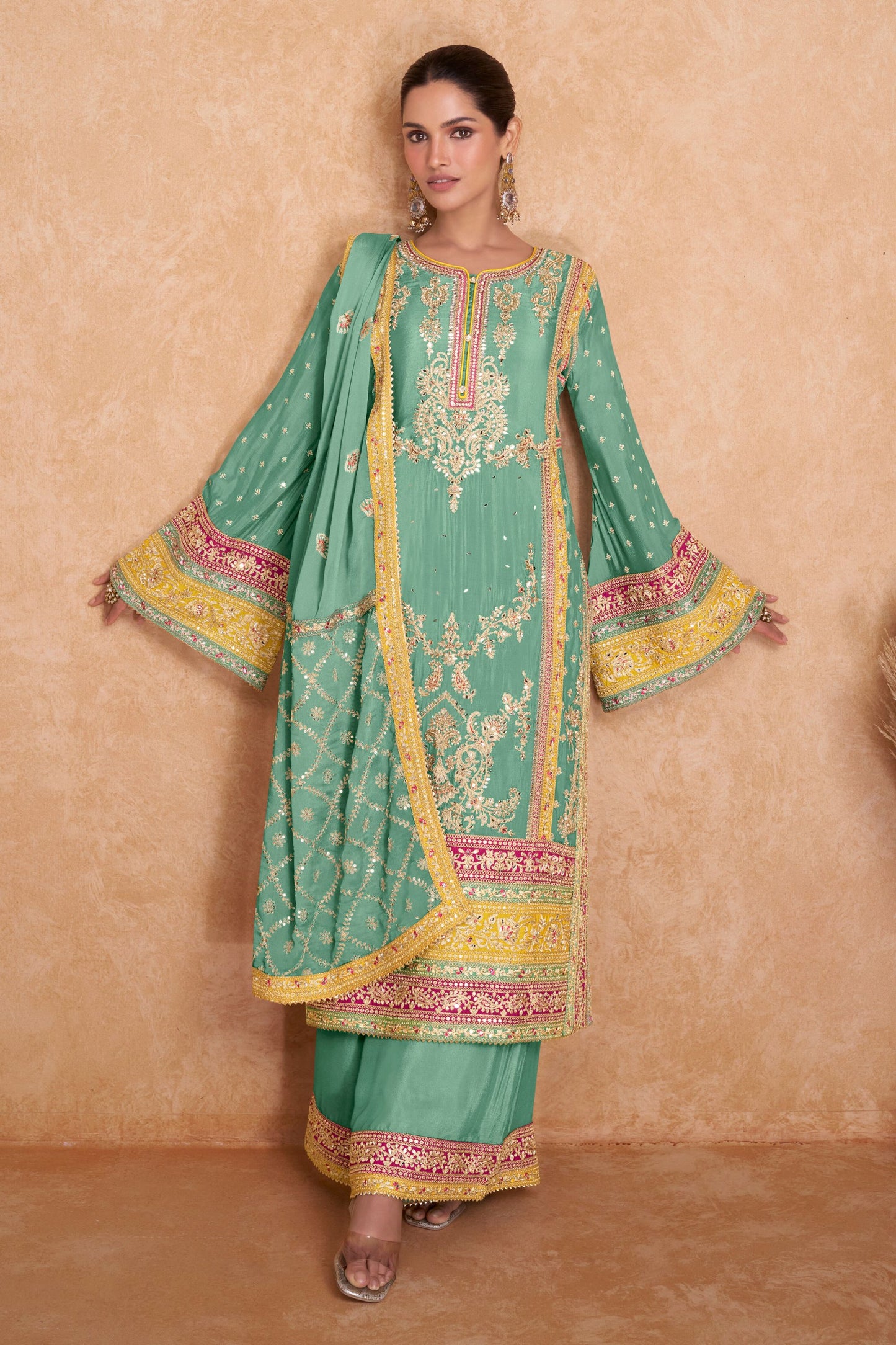 Yellow Pakistani Chinon Plazo Suit For Indian Festivals & Weddings - Embroidery Work