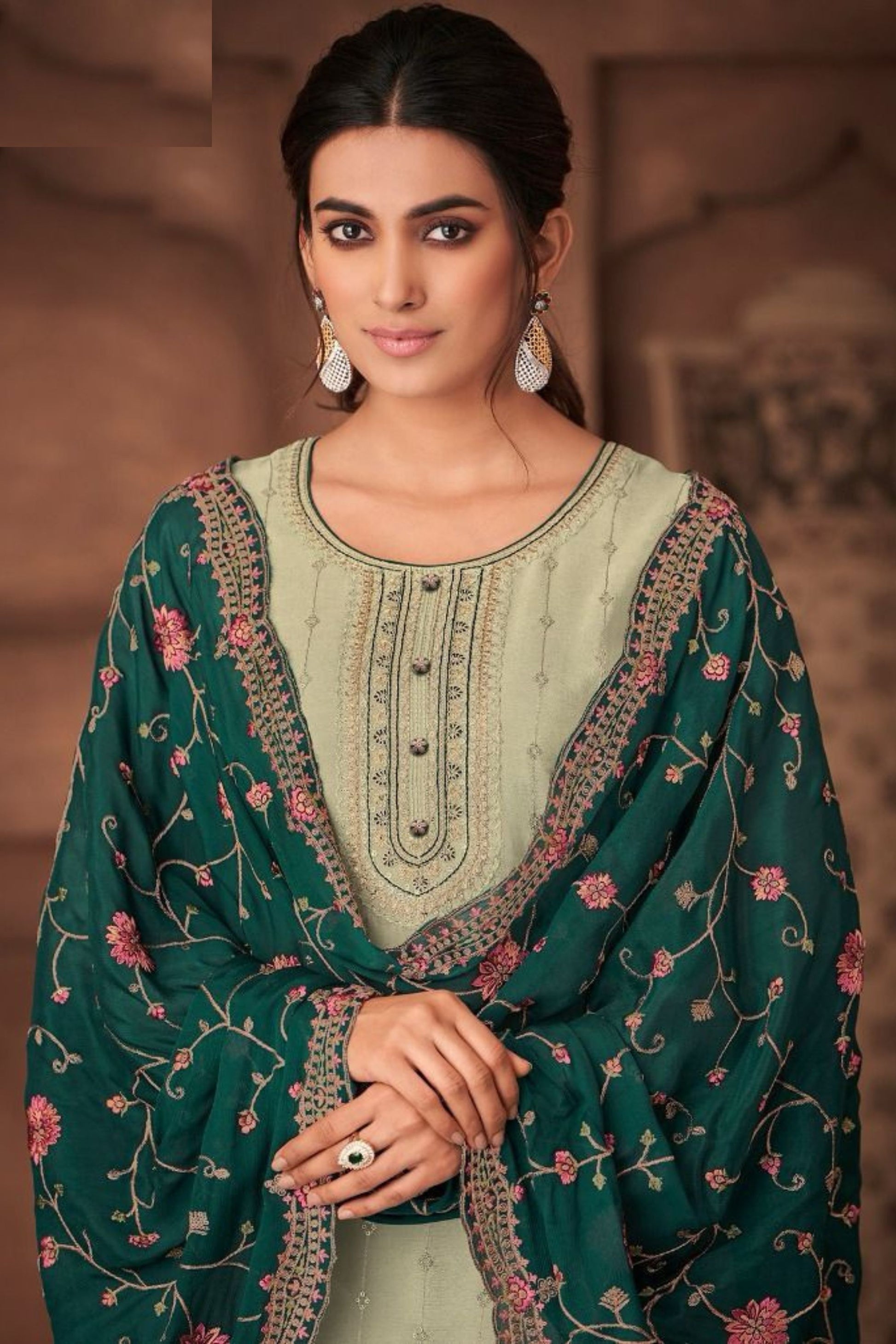 Light Olive Chinon Silk Kameez with Pant For Indian Suit Festivals & Pakistani Weddings - Embroidery Work