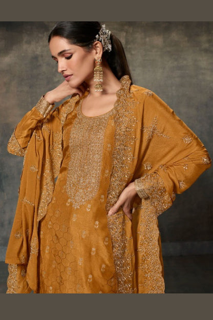 Dark Yellow Viscose Kameez with Pant For Indian Suit Festivals & Pakistani Weddings - Embroidery Work